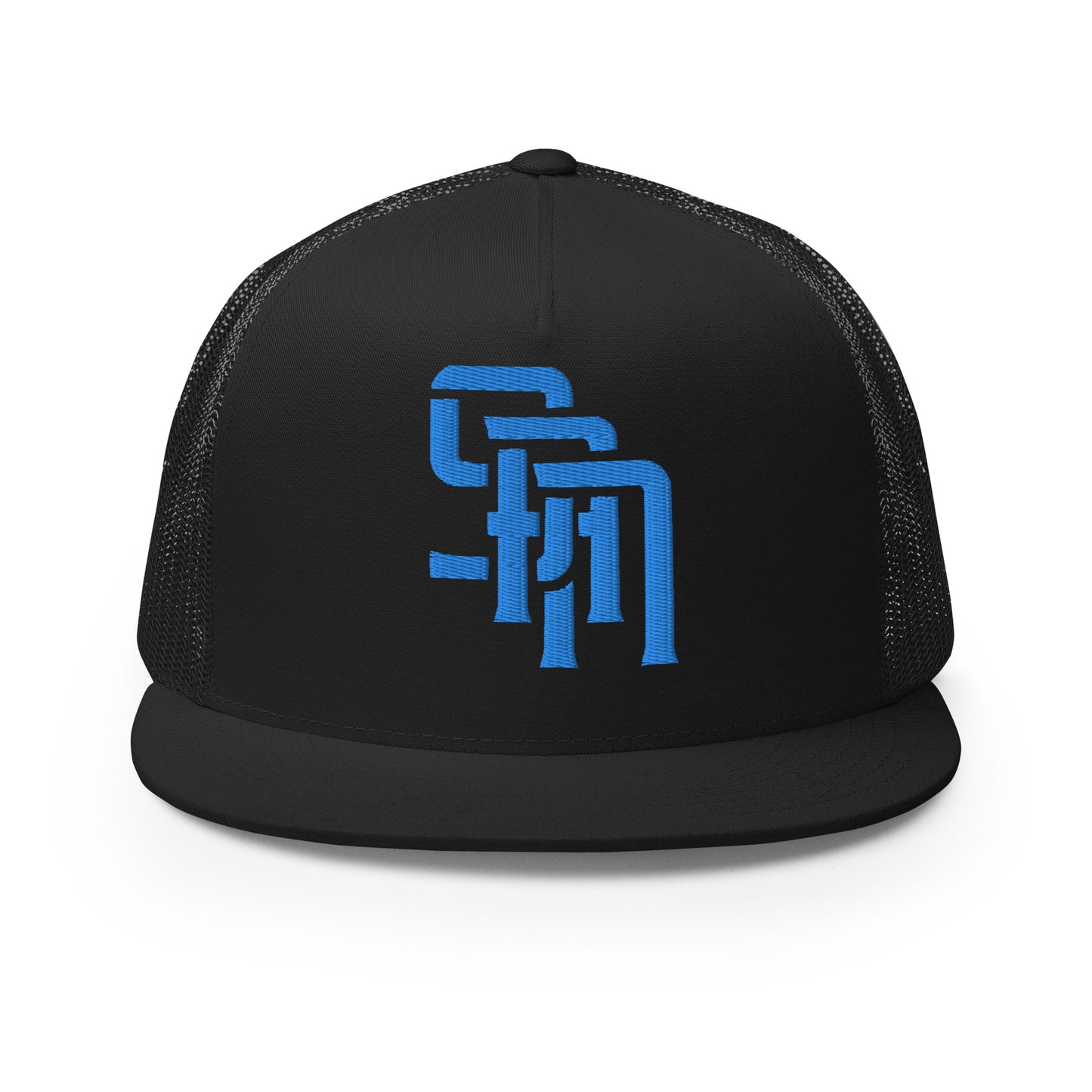"SAN" Five Panel Trucker Cap | Yupoong 6006 | E Luna Brand CLASSIC Solocrest 1 Aqua/Teal Thread Front Logo