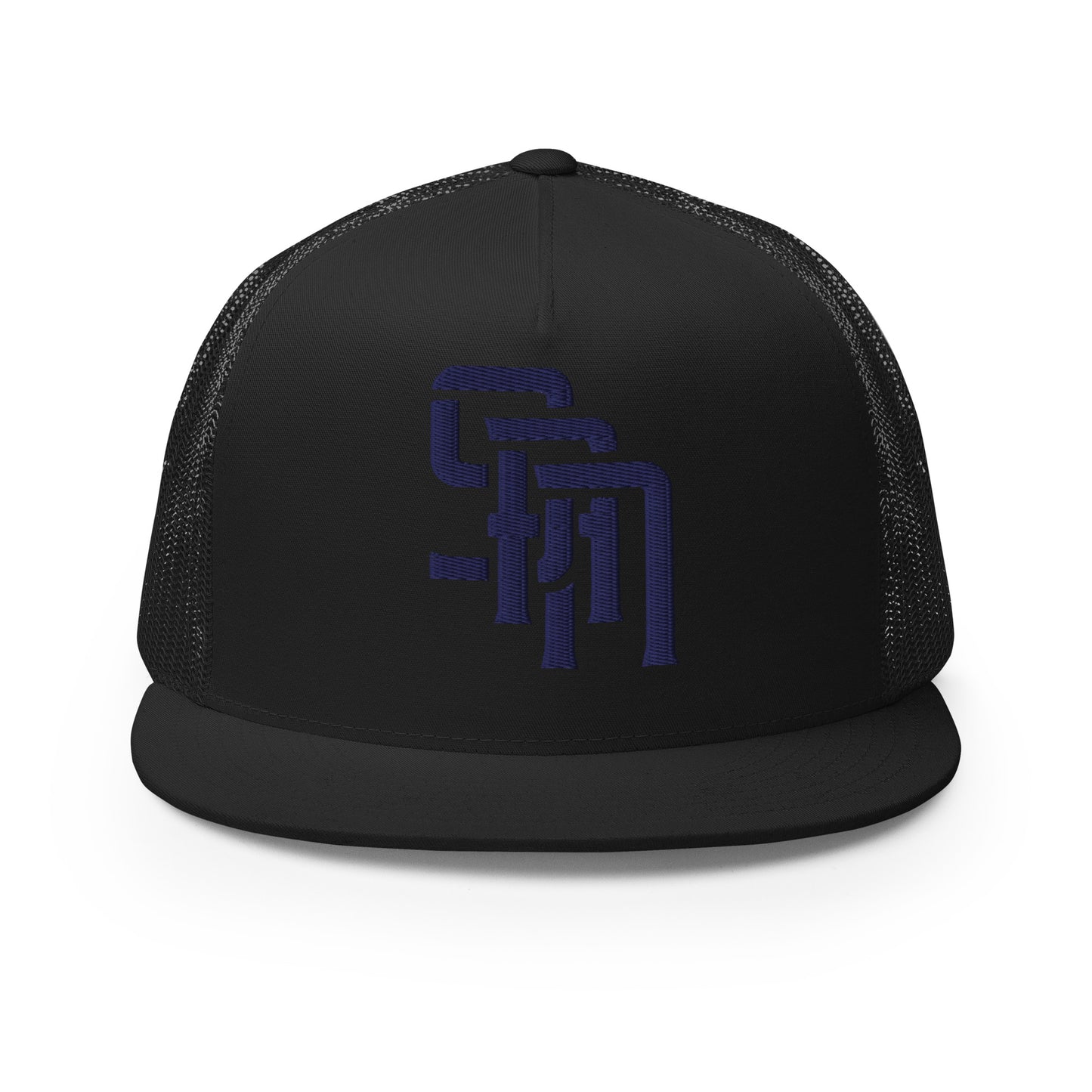 "SAN" Five Panel Trucker Cap | Yupoong 6006 | E Luna Brand CLASSIC Solocrest 1 Navy Thread Front Logo
