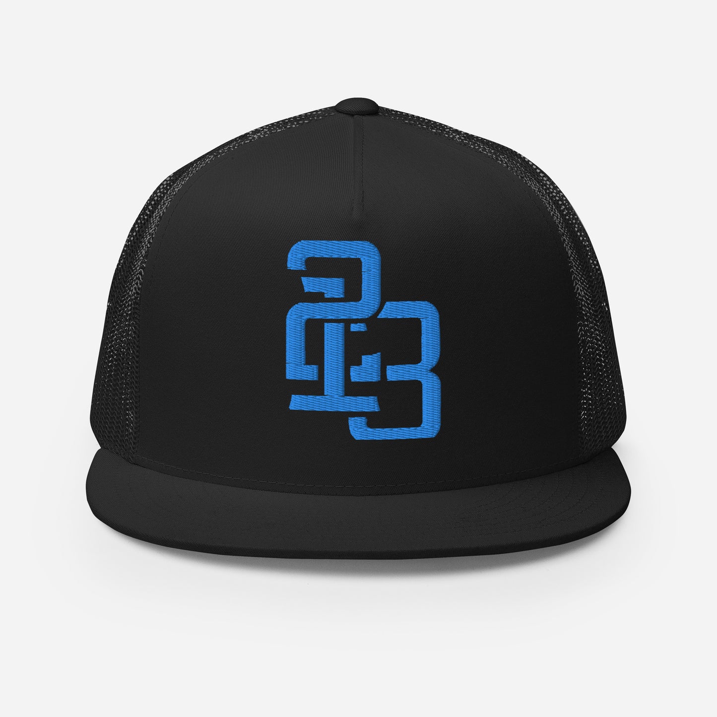 "213" Five Panel Trucker Cap | Yupoong 6006 | E Luna CLASSIC Solocrest 1 Aqua/Teal Thread Front Logo