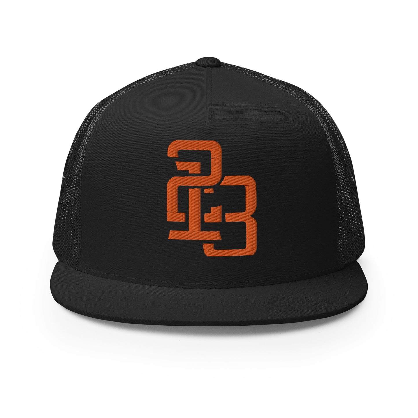 "213" Five Panel Trucker Cap | Yupoong 6006 | E Luna CLASSIC Solocrest 1 Orange Thread Front Logo