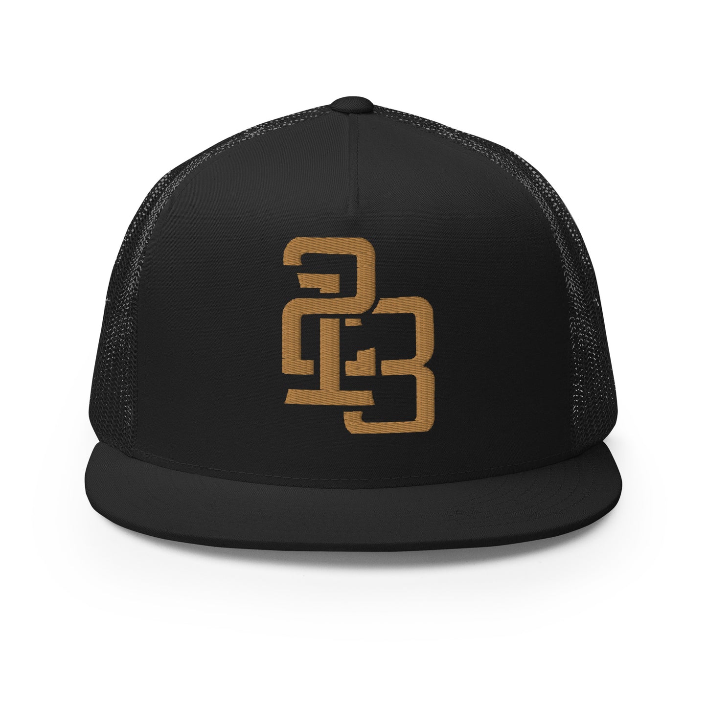 "213" Five Panel Trucker Cap | Yupoong 6006 | E Luna CLASSIC Solocrest 1 Old Gold Thread Front Logo
