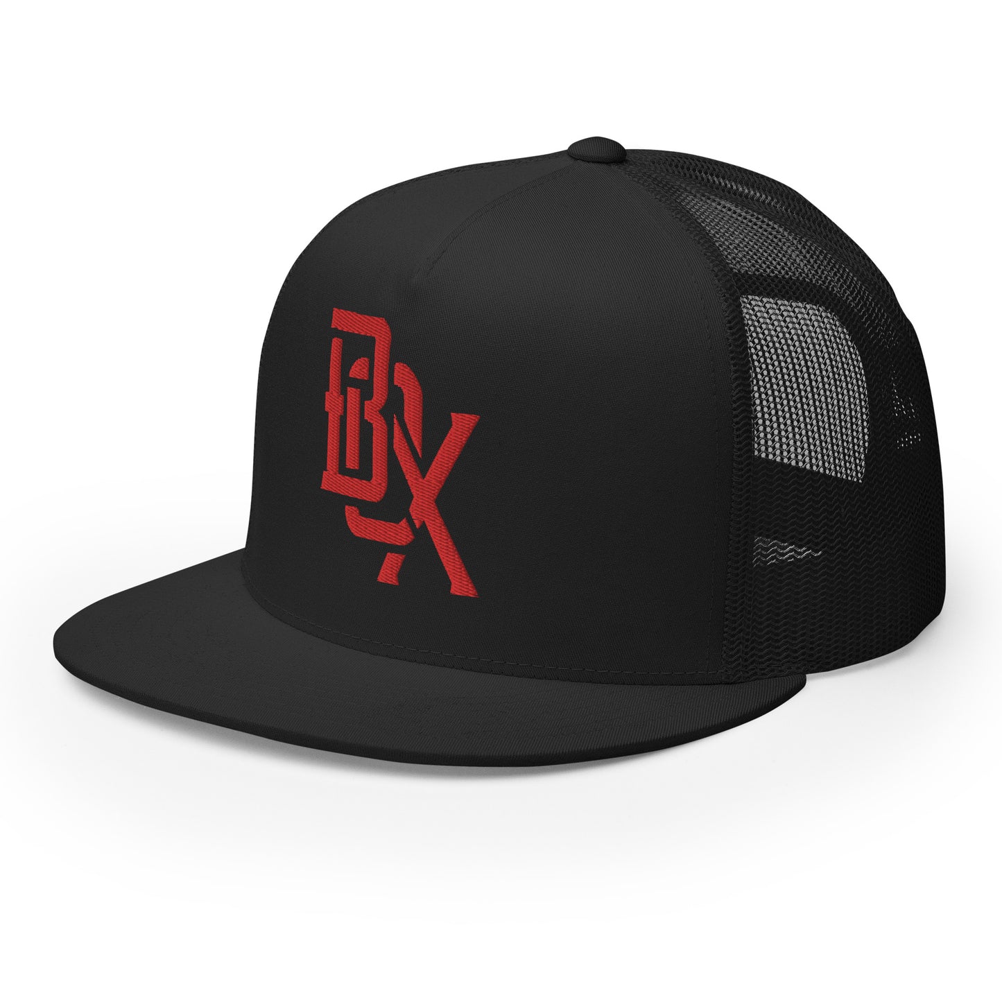 "BOX" Five Panel Trucker Cap | Yupoong 6006 | E Luna CLASSIC Solocrest 1 Red Thread Front Logo