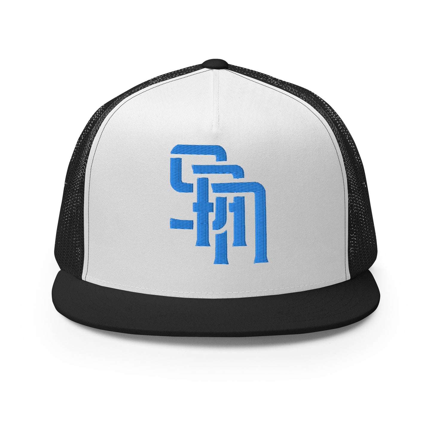 "SAN" Five Panel Trucker Cap | Yupoong 6006 | E Luna Brand CLASSIC Solocrest 1 Aqua/Teal Thread Front Logo