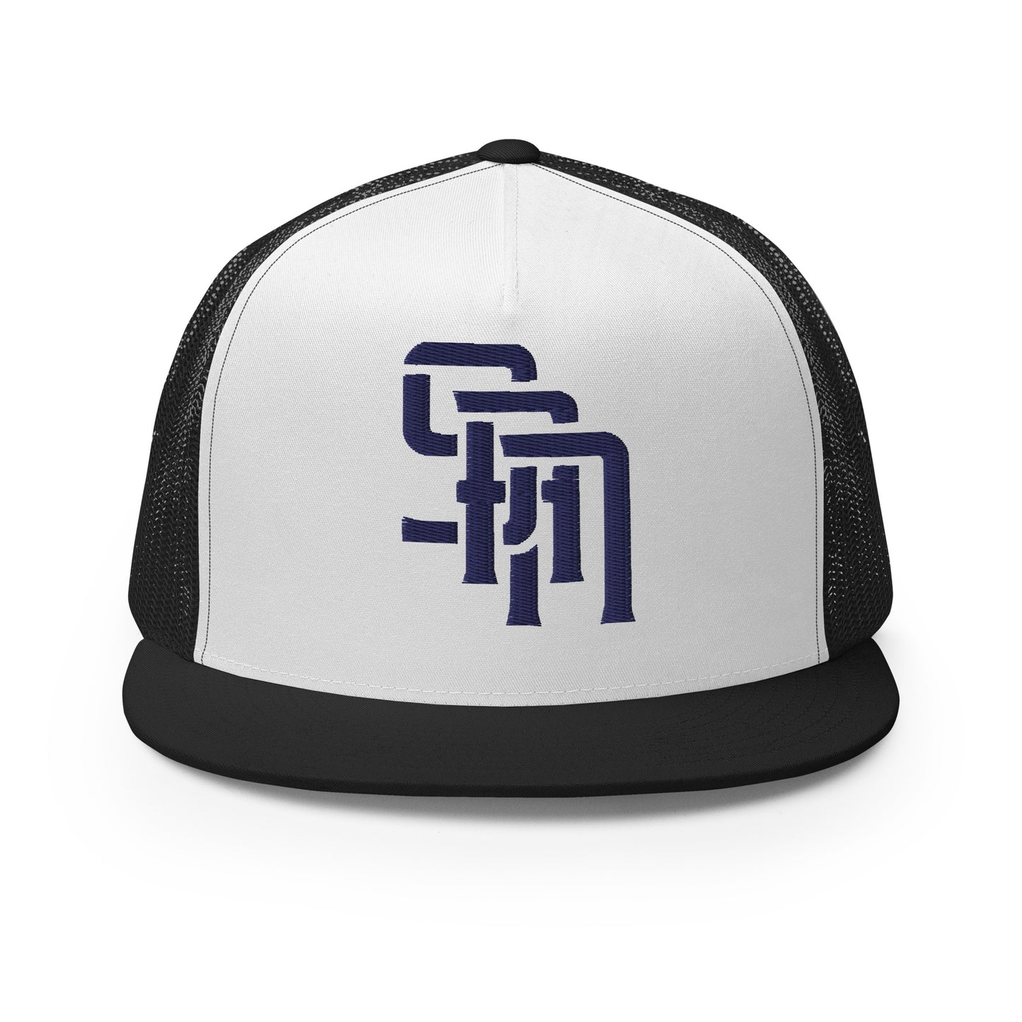 "SAN" Five Panel Trucker Cap | Yupoong 6006 | E Luna Brand CLASSIC Solocrest 1 Navy Thread Front Logo