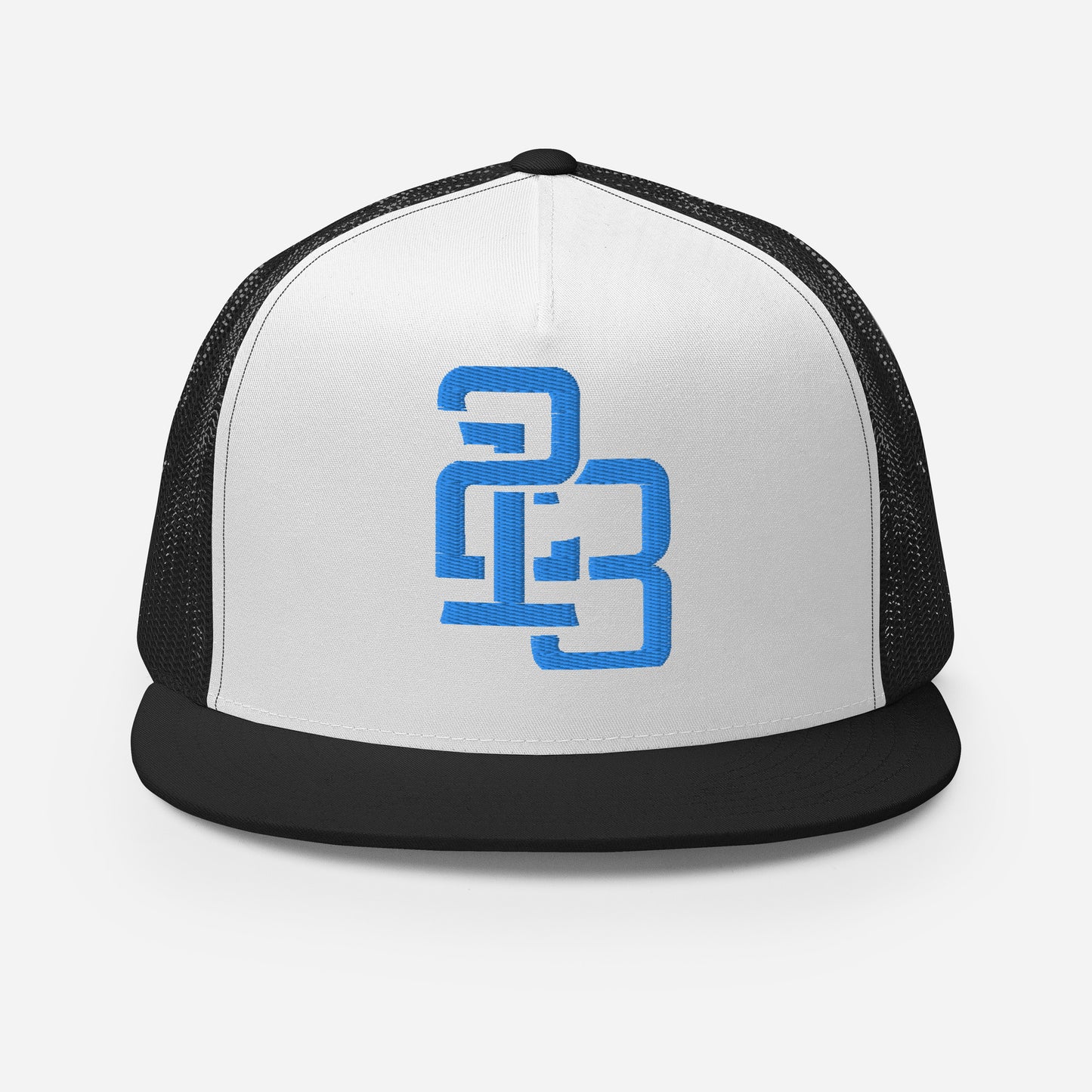 "213" Five Panel Trucker Cap | Yupoong 6006 | E Luna CLASSIC Solocrest 1 Aqua/Teal Thread Front Logo