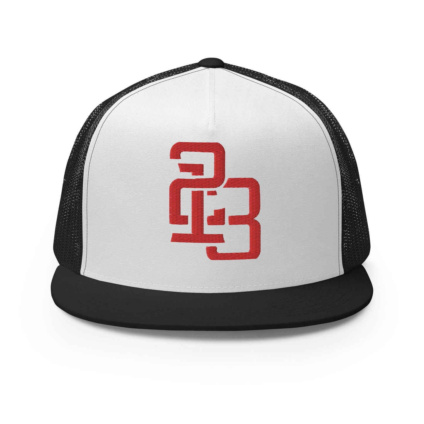 "213" Five Panel Trucker Cap | Yupoong 6006 | E Luna CLASSIC Solocrest 1 RedThread Front Logo