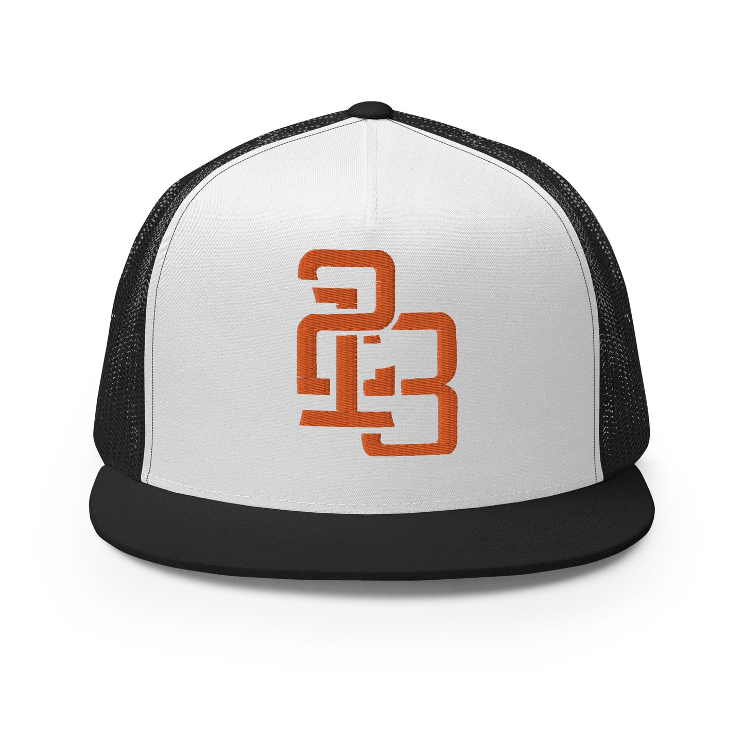 "213" Five Panel Trucker Cap | Yupoong 6006 | E Luna CLASSIC Solocrest 1 Orange Thread Front Logo