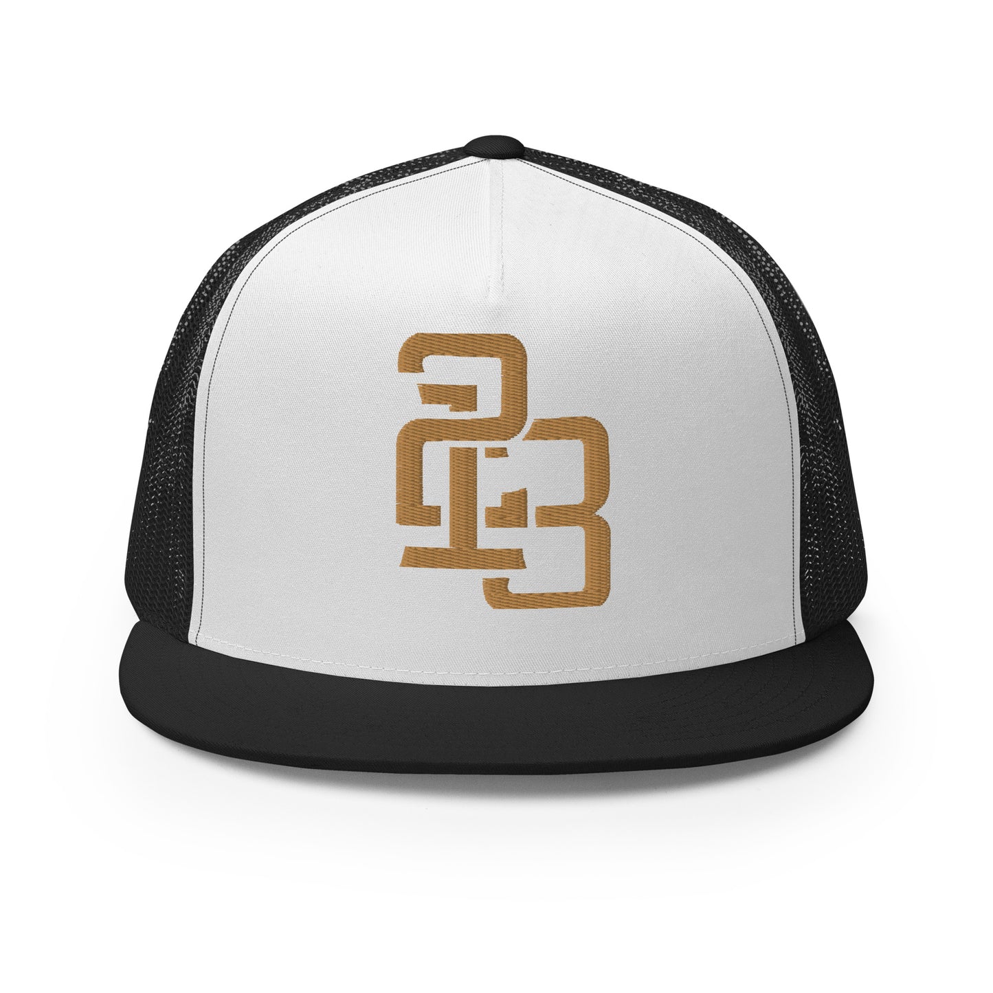 "213" Five Panel Trucker Cap | Yupoong 6006 | E Luna CLASSIC Solocrest 1 Old Gold Thread Front Logo