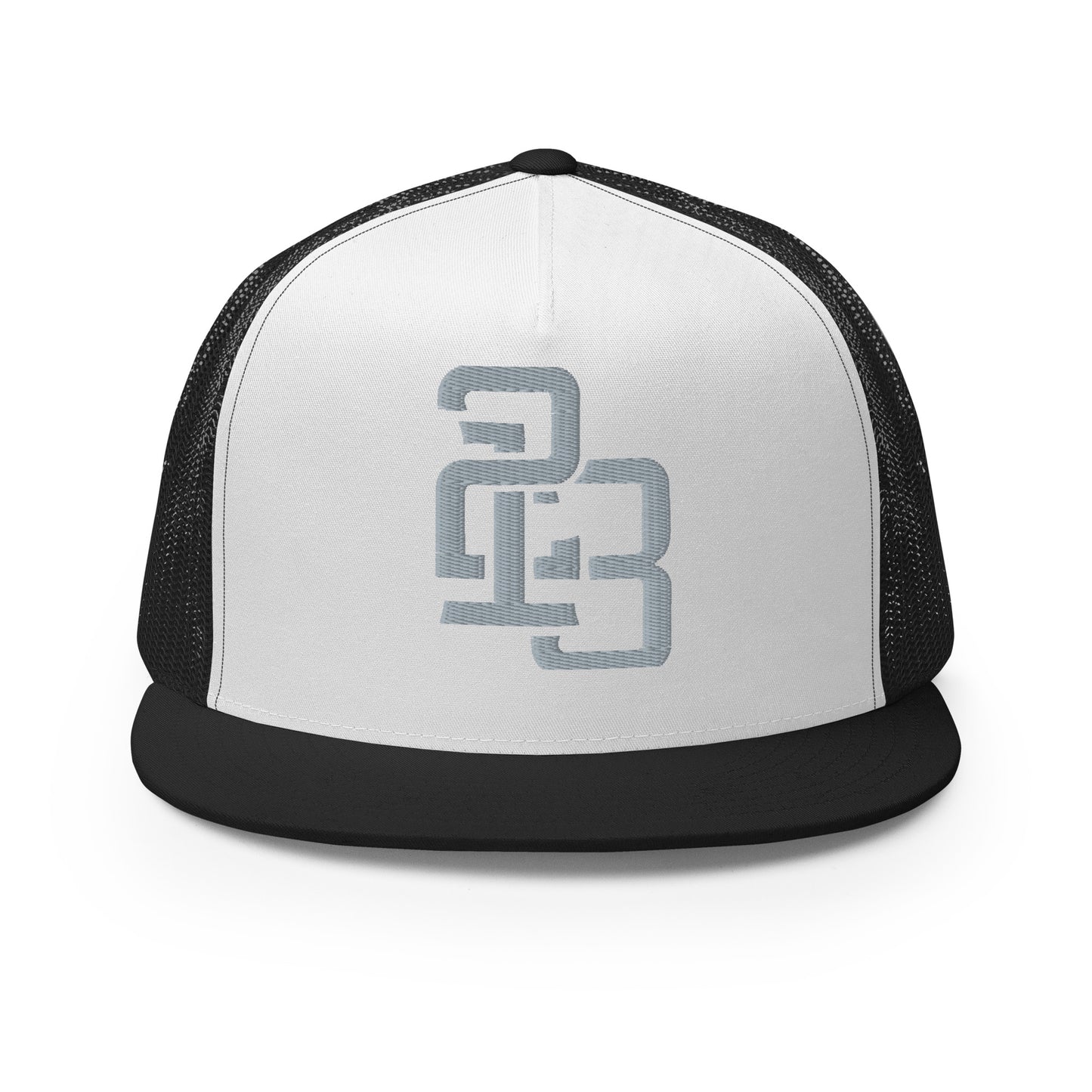 "213" Five Panel Trucker Cap | Yupoong 6006 | E Luna CLASSIC Solocrest 1 Grey Thread Front Logo