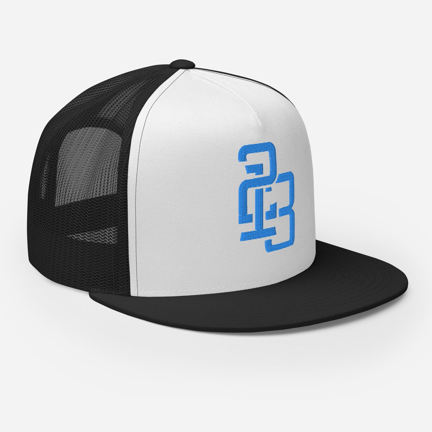 "213" Five Panel Trucker Cap | Yupoong 6006 | E Luna CLASSIC Solocrest 1 Aqua/Teal Thread Front Logo