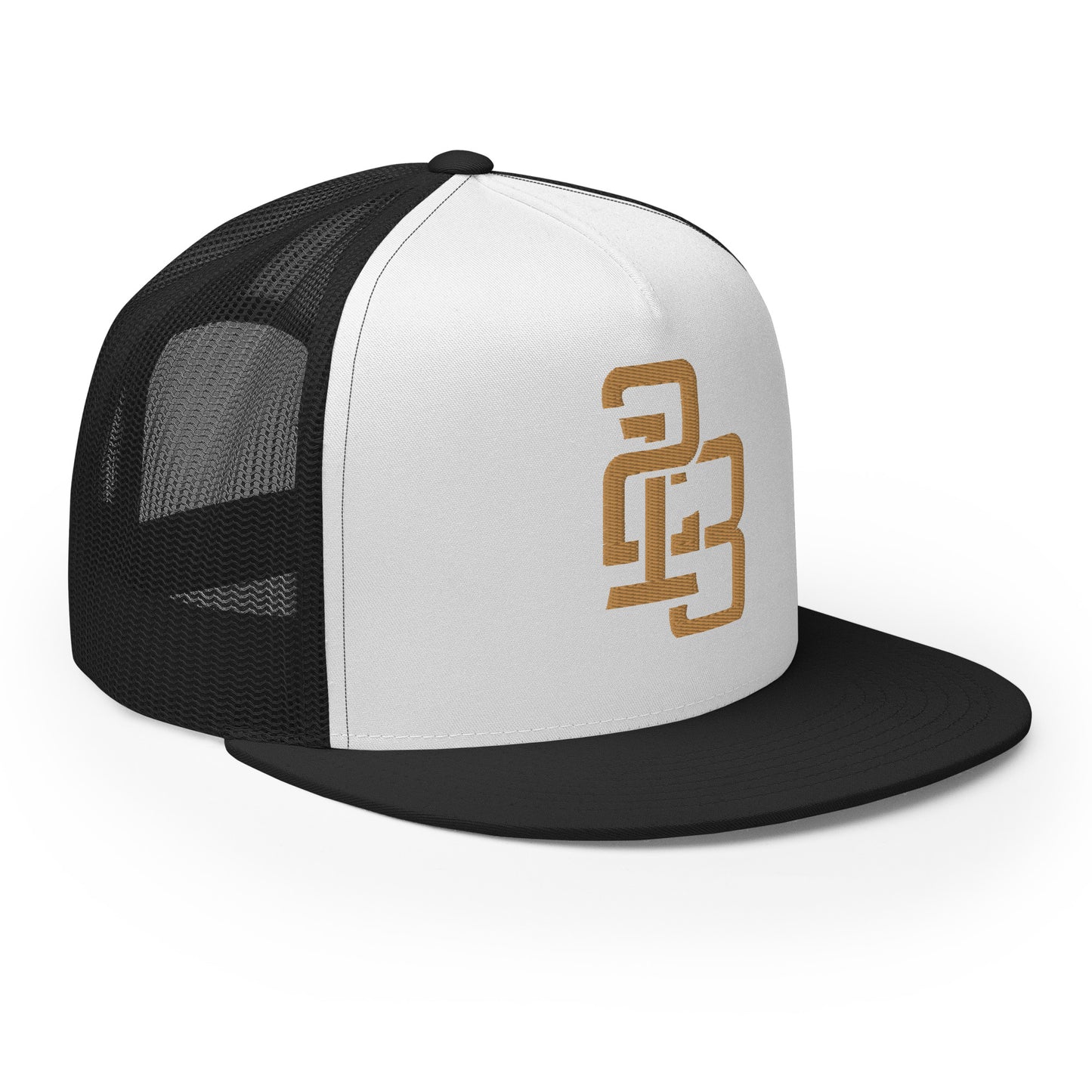 "213" Five Panel Trucker Cap | Yupoong 6006 | E Luna CLASSIC Solocrest 1 Old Gold Thread Front Logo