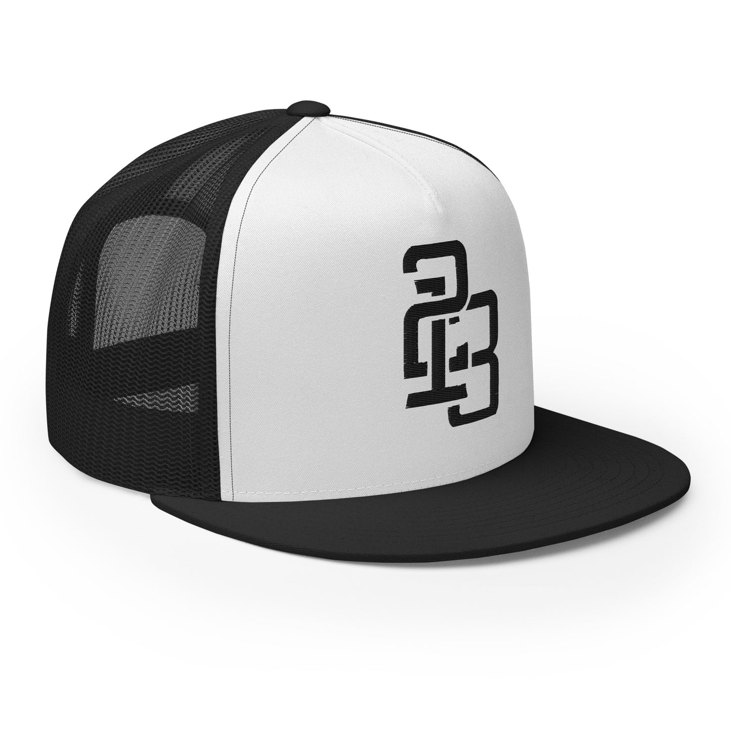 "213" Five Panel Trucker Cap | Yupoong 6006 | E Luna CLASSIC Solocrest 1 Black Thread Front Logo