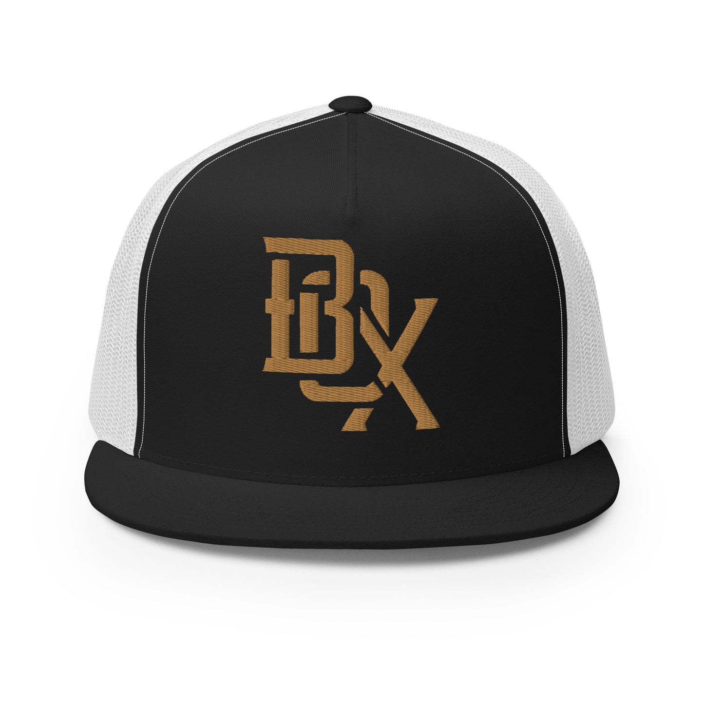 "BOX" Five Panel Trucker Cap | Yupoong 6006 | E Luna CLASSIC Solocrest 1 Old Gold Thread Front Logo