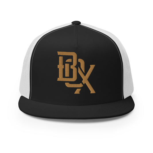 "BOX" Five Panel Trucker Cap | Yupoong 6006 | E Luna CLASSIC Solocrest 1 Old Gold Thread Front Logo