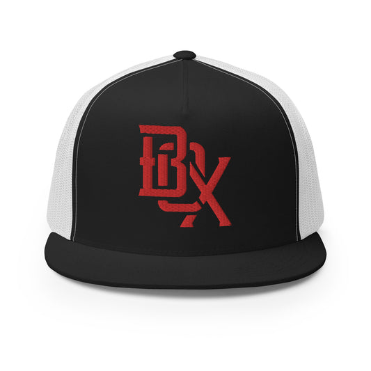 "BOX" Five Panel Trucker Cap | Yupoong 6006 | E Luna CLASSIC Solocrest 1 Red Thread Front Logo