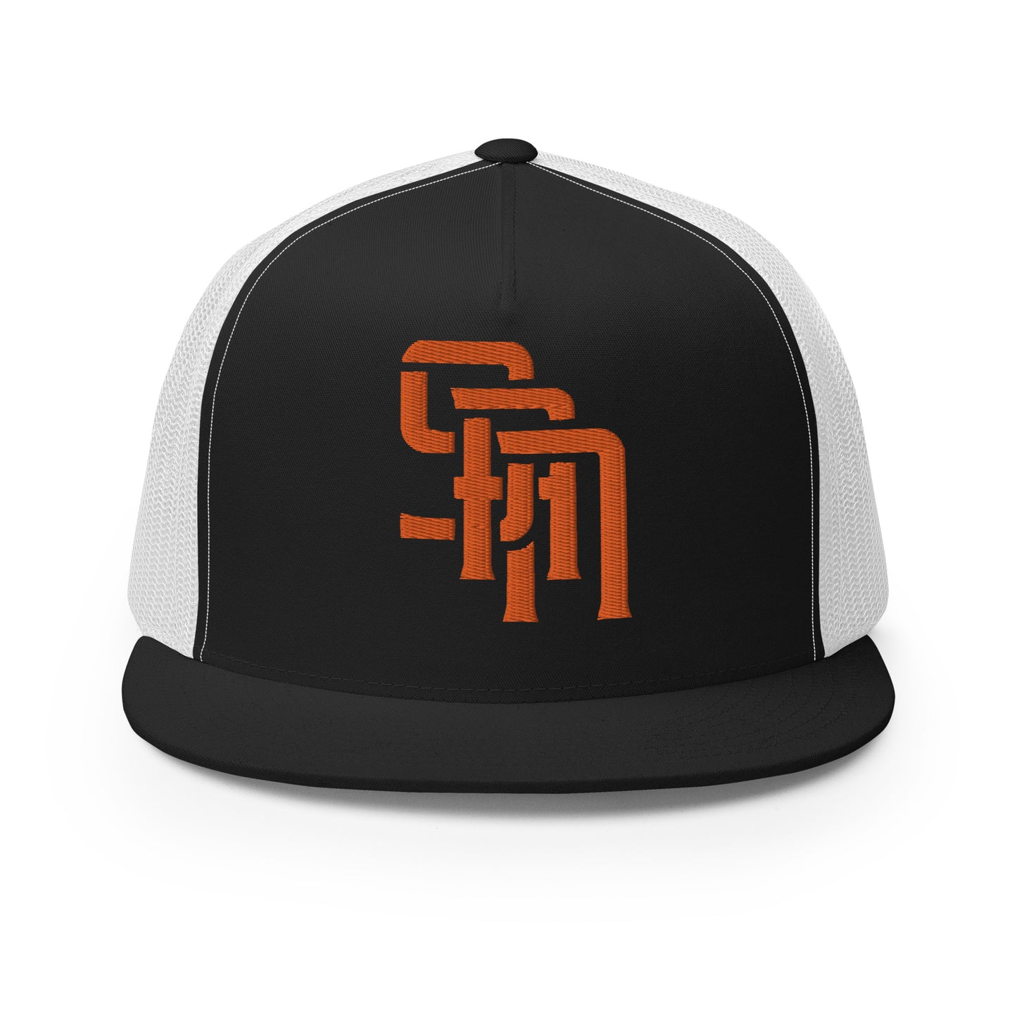 "SAN" Five Panel Trucker Cap | Yupoong 6006 | E Luna Brand CLASSIC Solocrest 1 Orange Thread Front Logo
