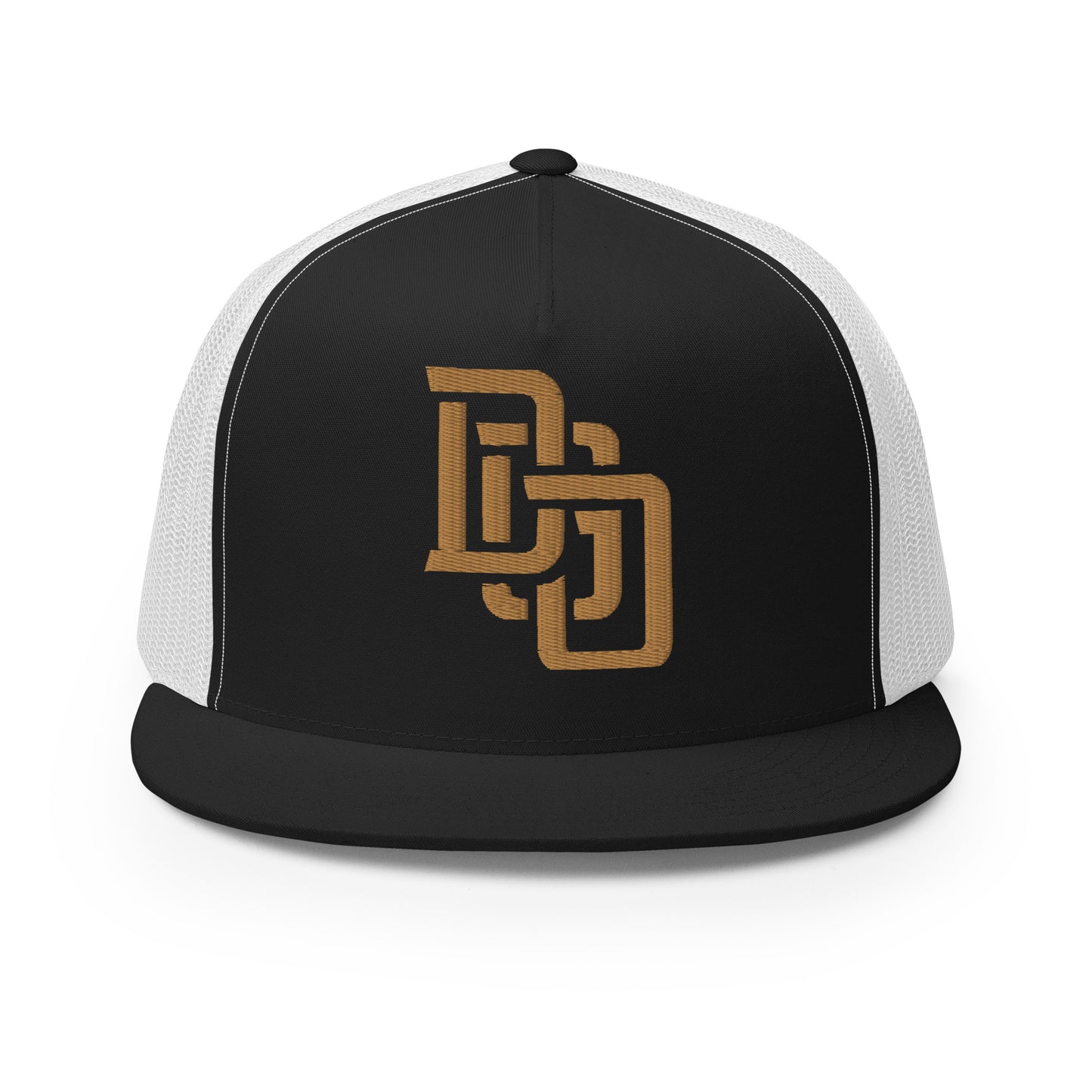 "DGO" Five Panel Trucker Cap | Yupoong 6006 | E Luna CLASSIC Solocrest 1 Old Gold Thread Logo