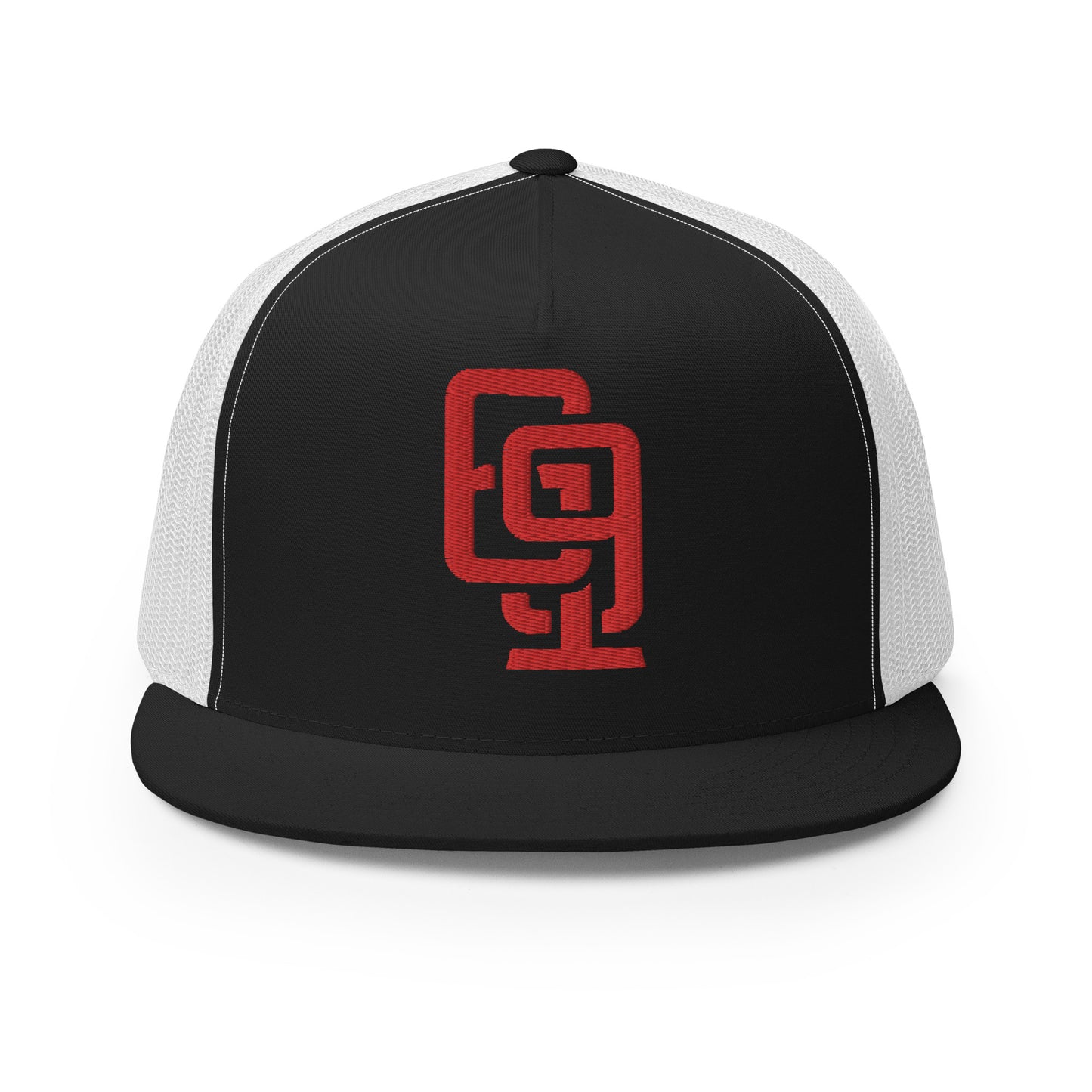 "619" Five Panel Trucker Cap | Yupoong 6006 | E Luna CLASSIC Solocrest 1 Red Thread Front Logo
