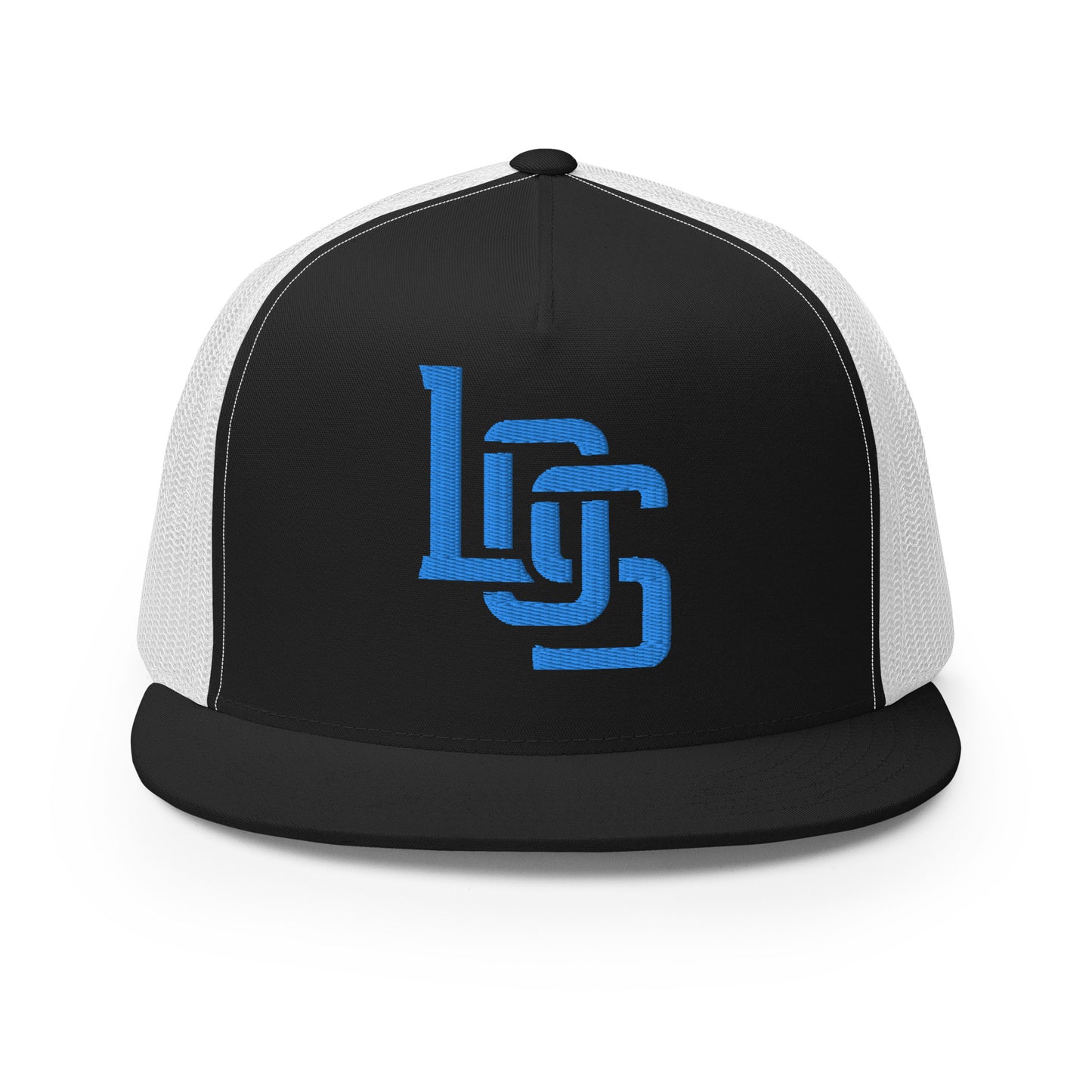 "LOS" Five Panel Trucker Cap | Yupoong 6006 | E Luna CLASSIC 1 Aqua/Teal Thread Front Logo