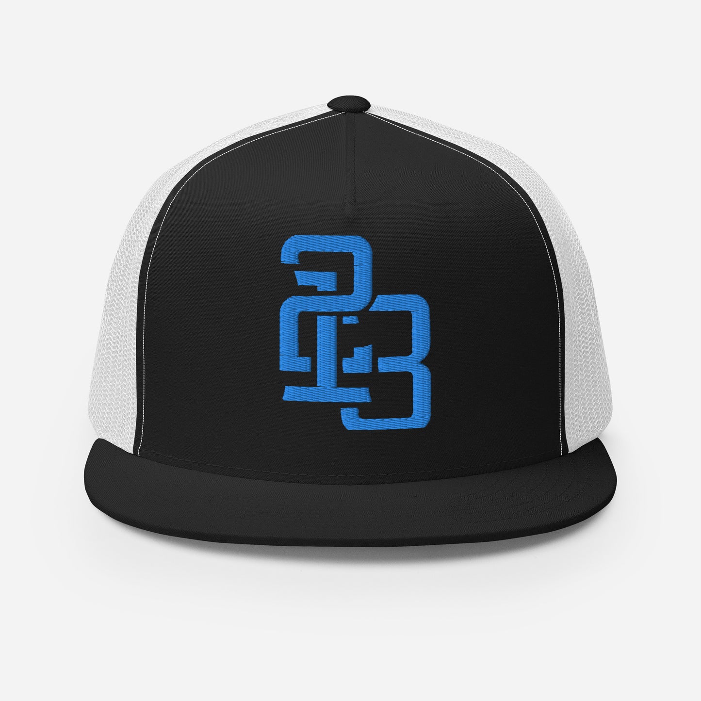 "213" Five Panel Trucker Cap | Yupoong 6006 | E Luna CLASSIC Solocrest 1 Aqua/Teal Thread Front Logo
