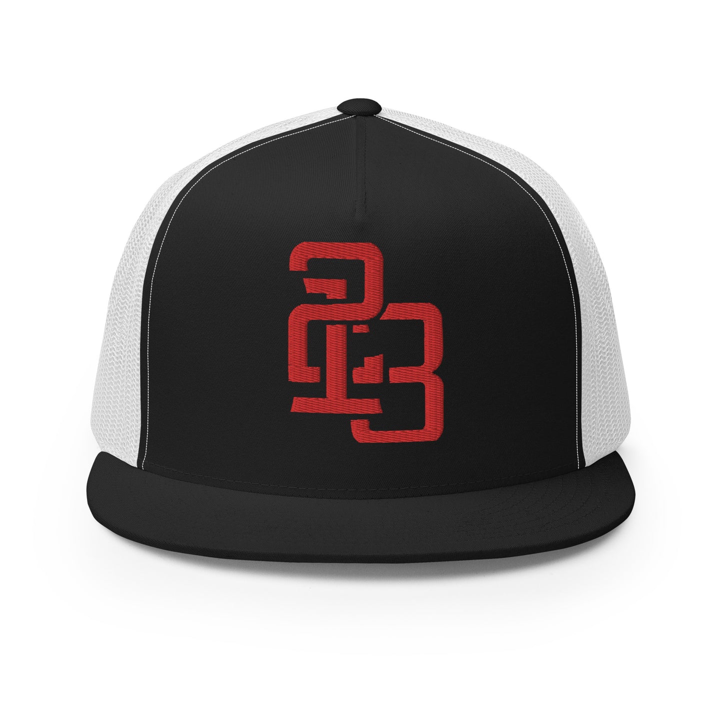 "213" Five Panel Trucker Cap | Yupoong 6006 | E Luna CLASSIC Solocrest 1 RedThread Front Logo