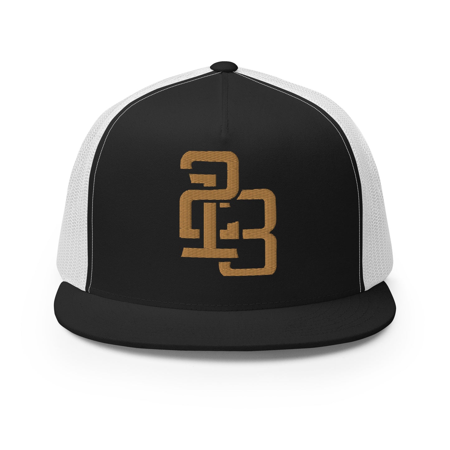 "213" Five Panel Trucker Cap | Yupoong 6006 | E Luna CLASSIC Solocrest 1 Old Gold Thread Front Logo
