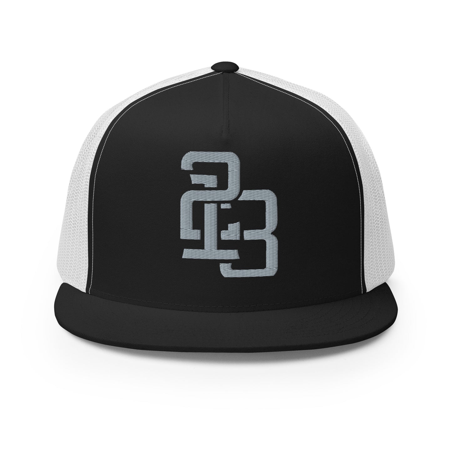 "213" Five Panel Trucker Cap | Yupoong 6006 | E Luna CLASSIC Solocrest 1 Grey Thread Front Logo
