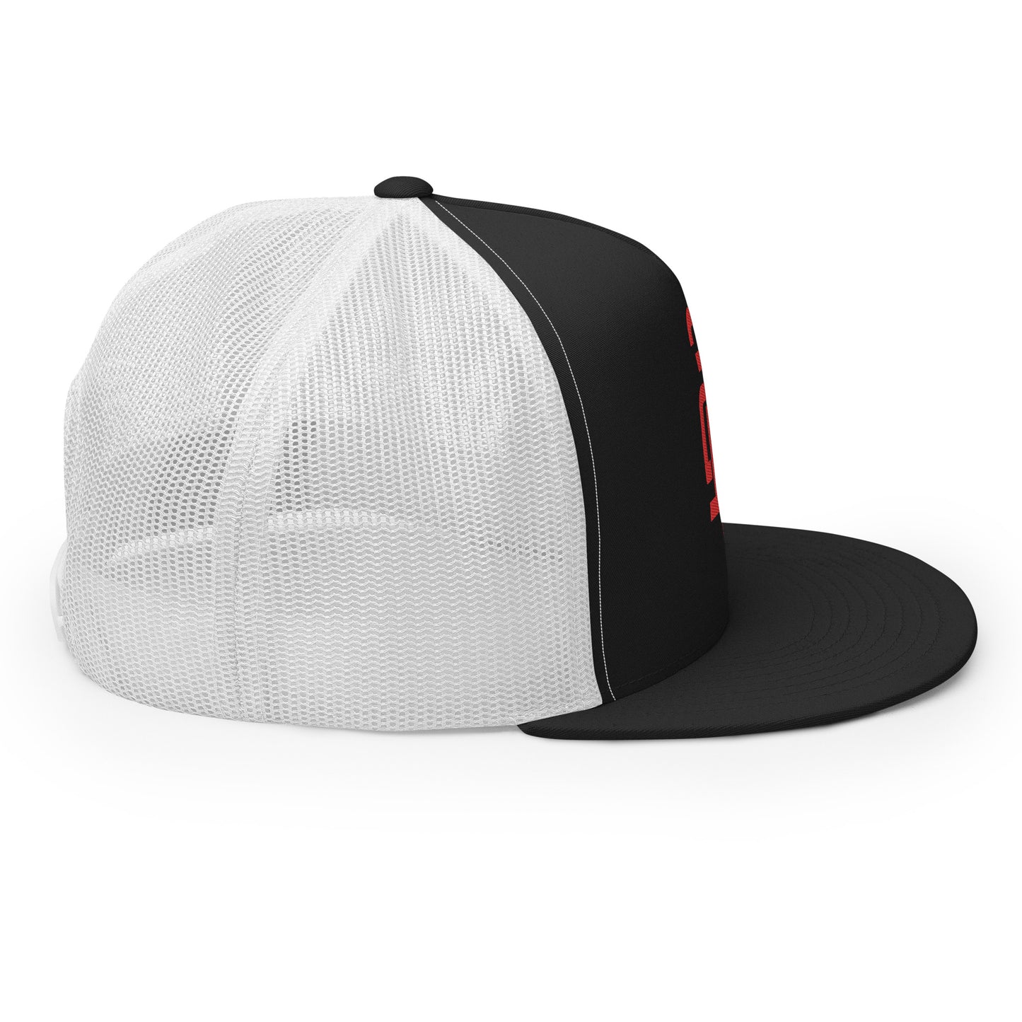 "213" Five Panel Trucker Cap | Yupoong 6006 | E Luna CLASSIC Solocrest 1 RedThread Front Logo