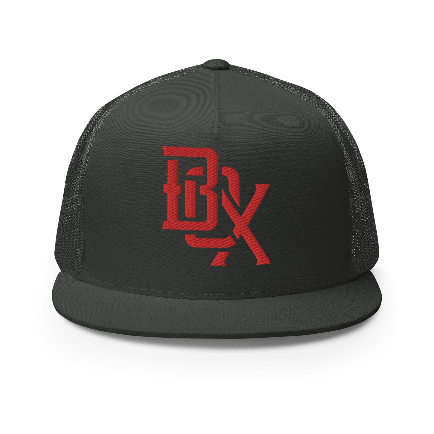 "BOX" Five Panel Trucker Cap | Yupoong 6006 | E Luna CLASSIC Solocrest 1 Red Thread Front Logo