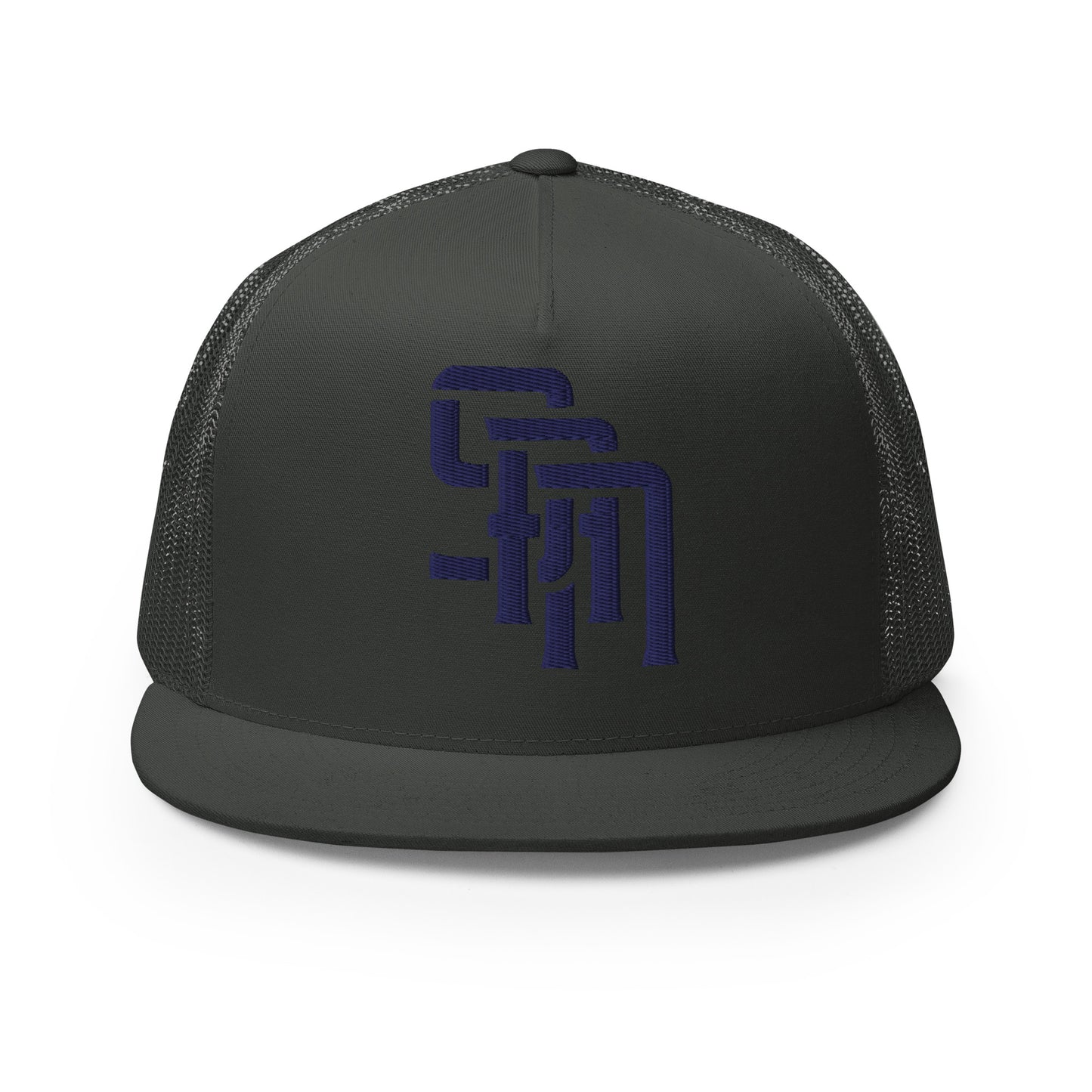 "SAN" Five Panel Trucker Cap | Yupoong 6006 | E Luna Brand CLASSIC Solocrest 1 Navy Thread Front Logo