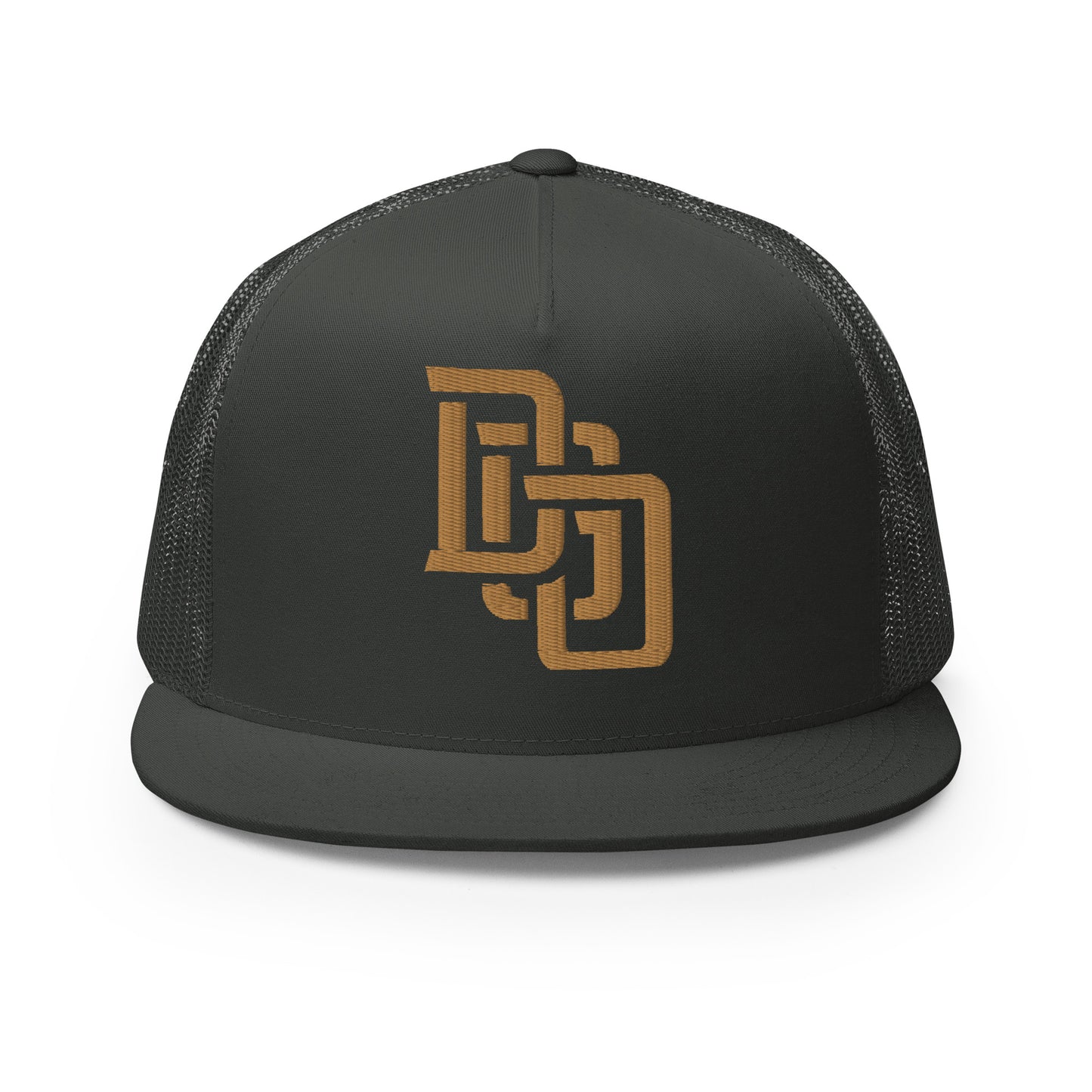 "DGO" Five Panel Trucker Cap | Yupoong 6006 | E Luna CLASSIC Solocrest 1 Old Gold Thread Logo