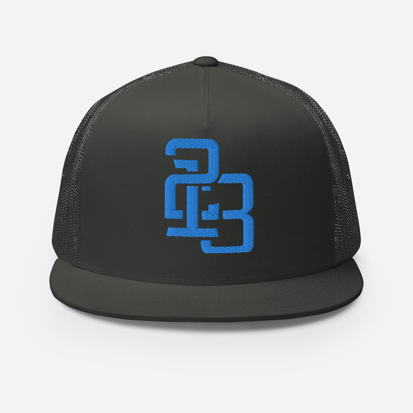 "213" Five Panel Trucker Cap | Yupoong 6006 | E Luna CLASSIC Solocrest 1 Aqua/Teal Thread Front Logo