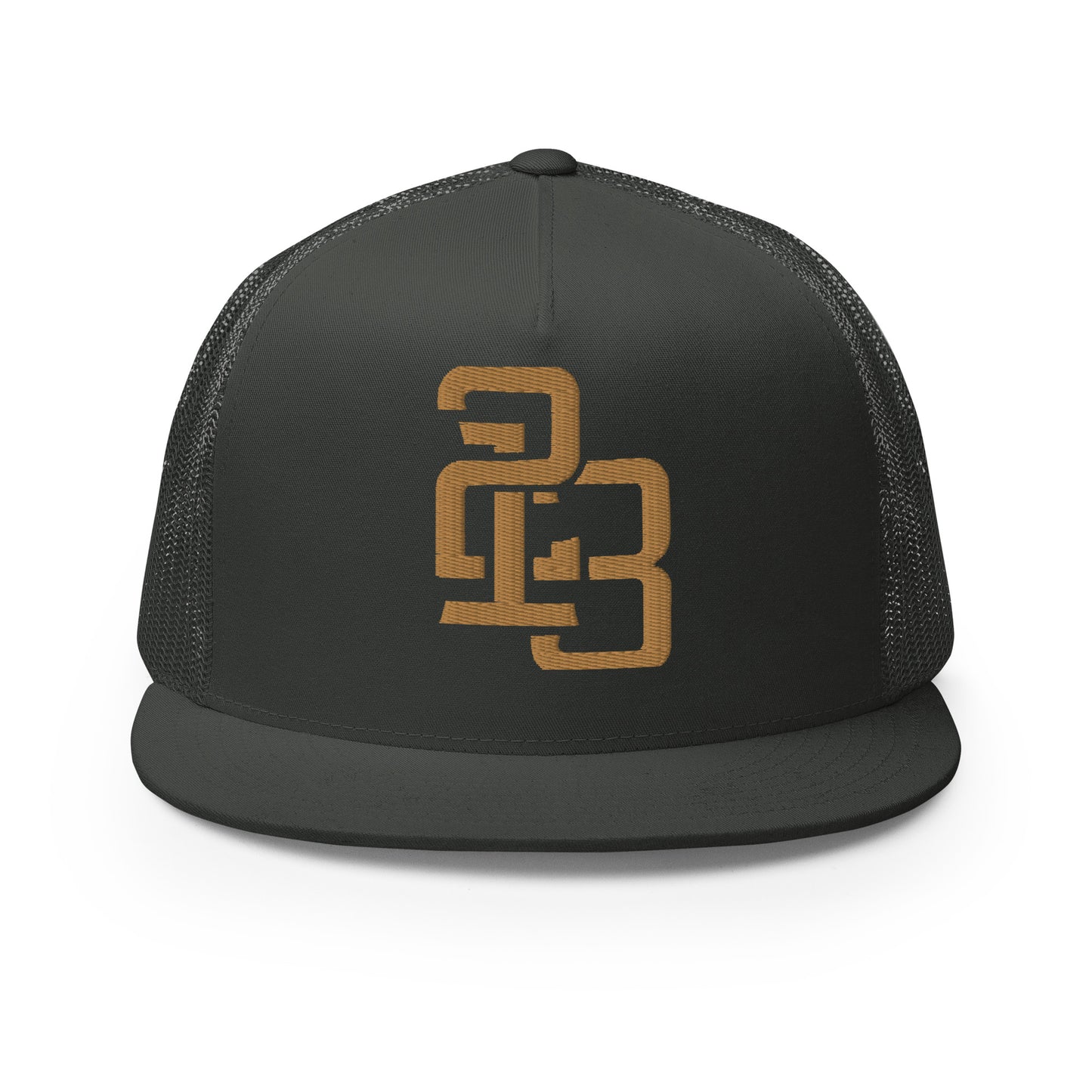 "213" Five Panel Trucker Cap | Yupoong 6006 | E Luna CLASSIC Solocrest 1 Old Gold Thread Front Logo