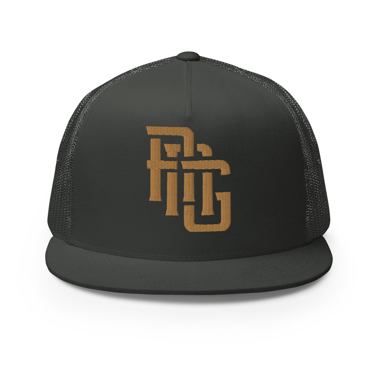 "ANG" Five Panel Trucker Cap | Yupoong 6006 | E Luna CLASSIC Solocrest 1 Old Gold Thread Front Logo
