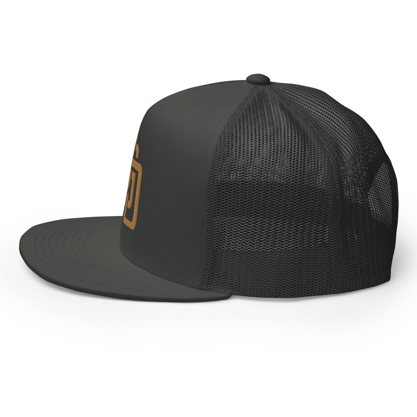 "DGO" Five Panel Trucker Cap | Yupoong 6006 | E Luna CLASSIC Solocrest 1 Old Gold Thread Logo