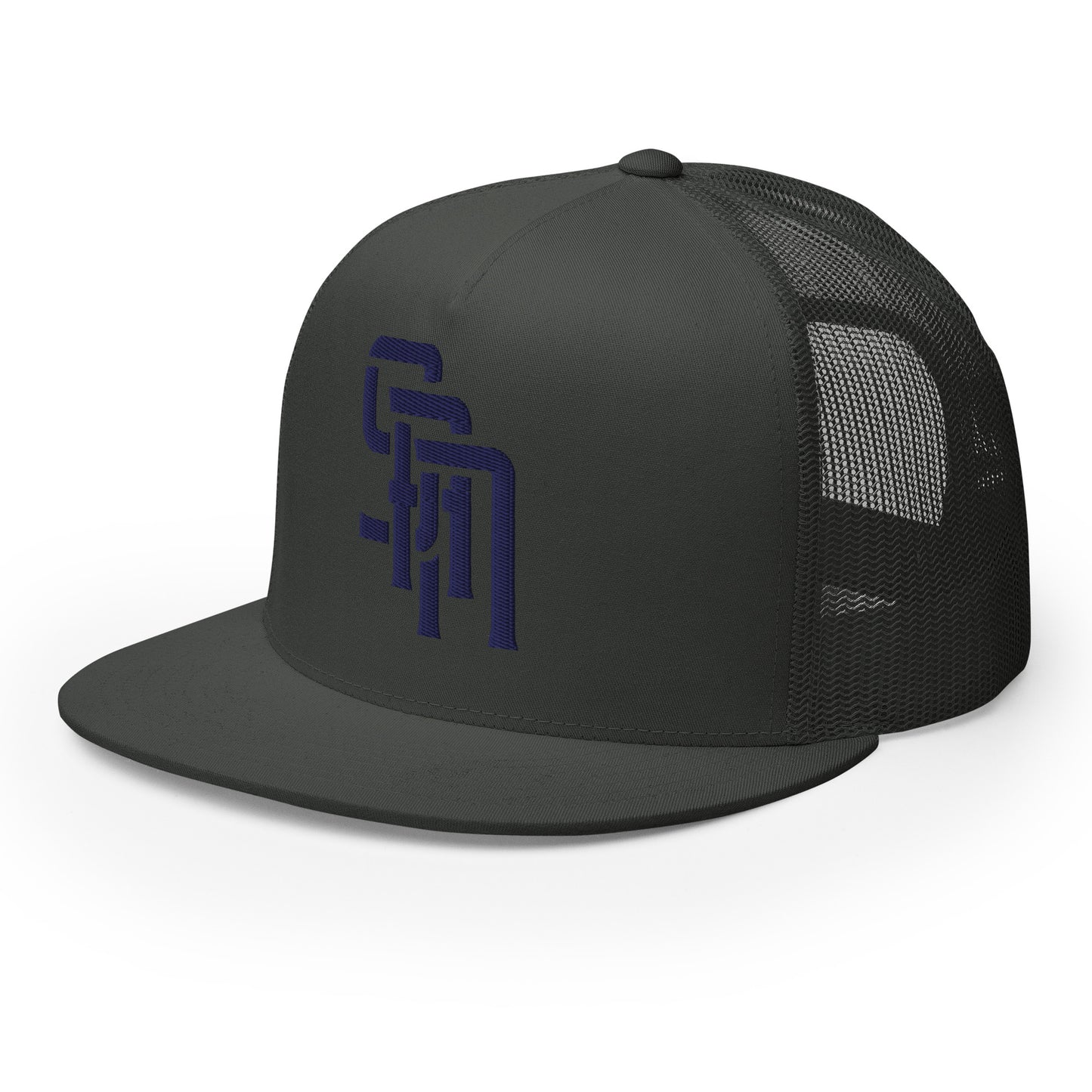 "SAN" Five Panel Trucker Cap | Yupoong 6006 | E Luna Brand CLASSIC Solocrest 1 Navy Thread Front Logo