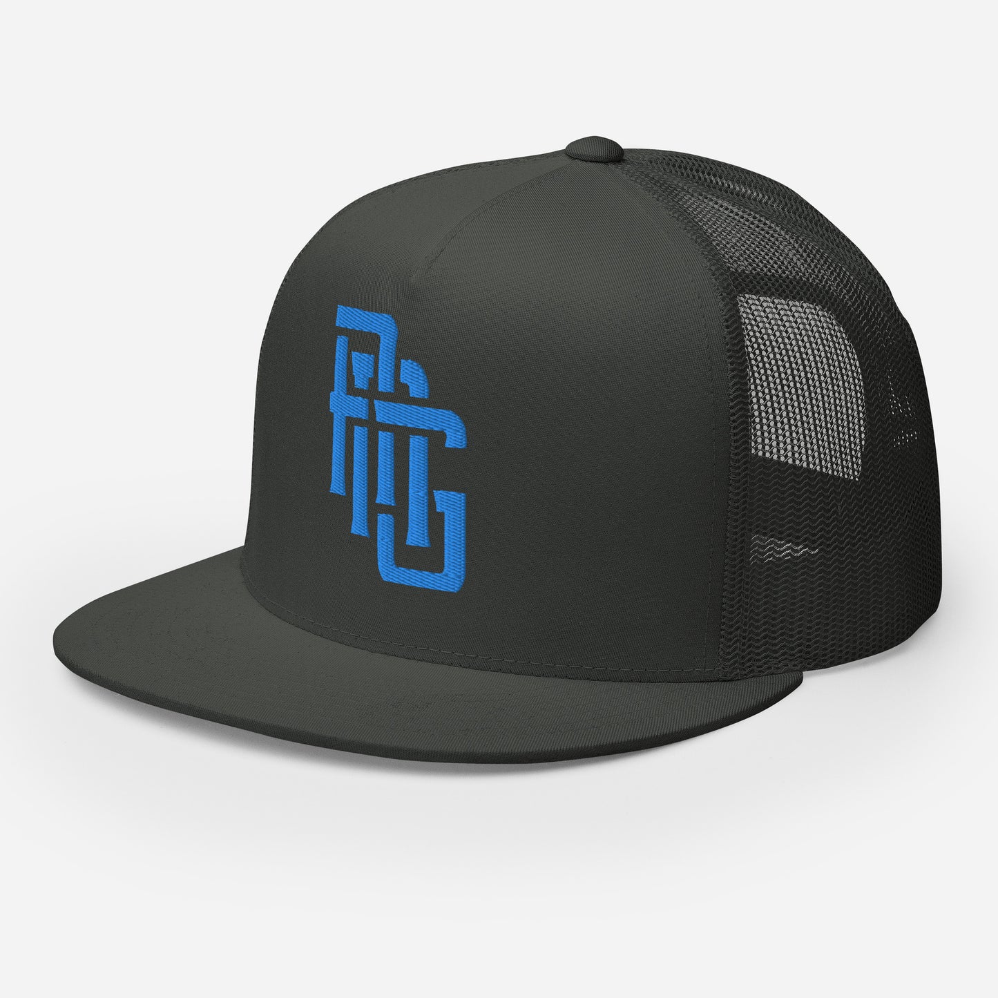 "ANG" Five Panel Trucker Cap | Yupoong 6006 | E Luna CLASSIC Solocrest 1 Aqua/Teal Thread Front Logo