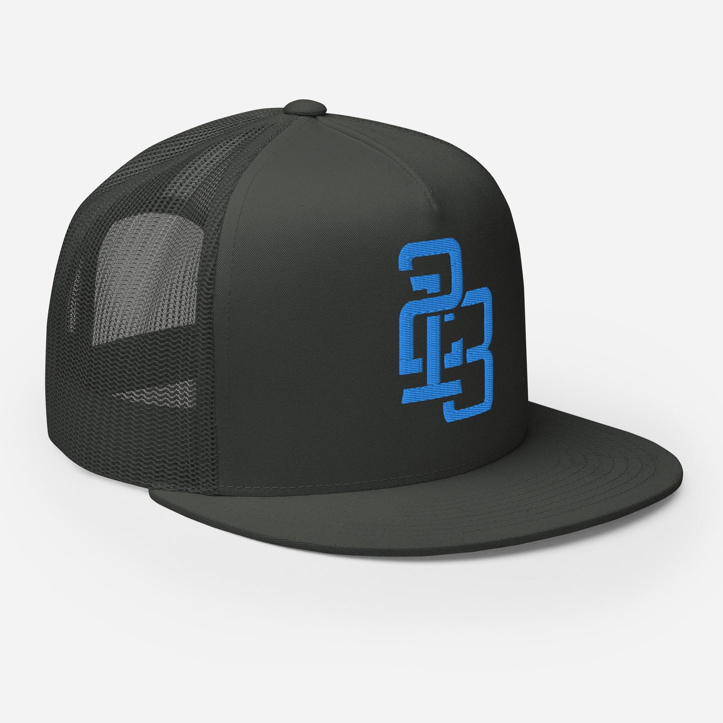 "213" Five Panel Trucker Cap | Yupoong 6006 | E Luna CLASSIC Solocrest 1 Aqua/Teal Thread Front Logo