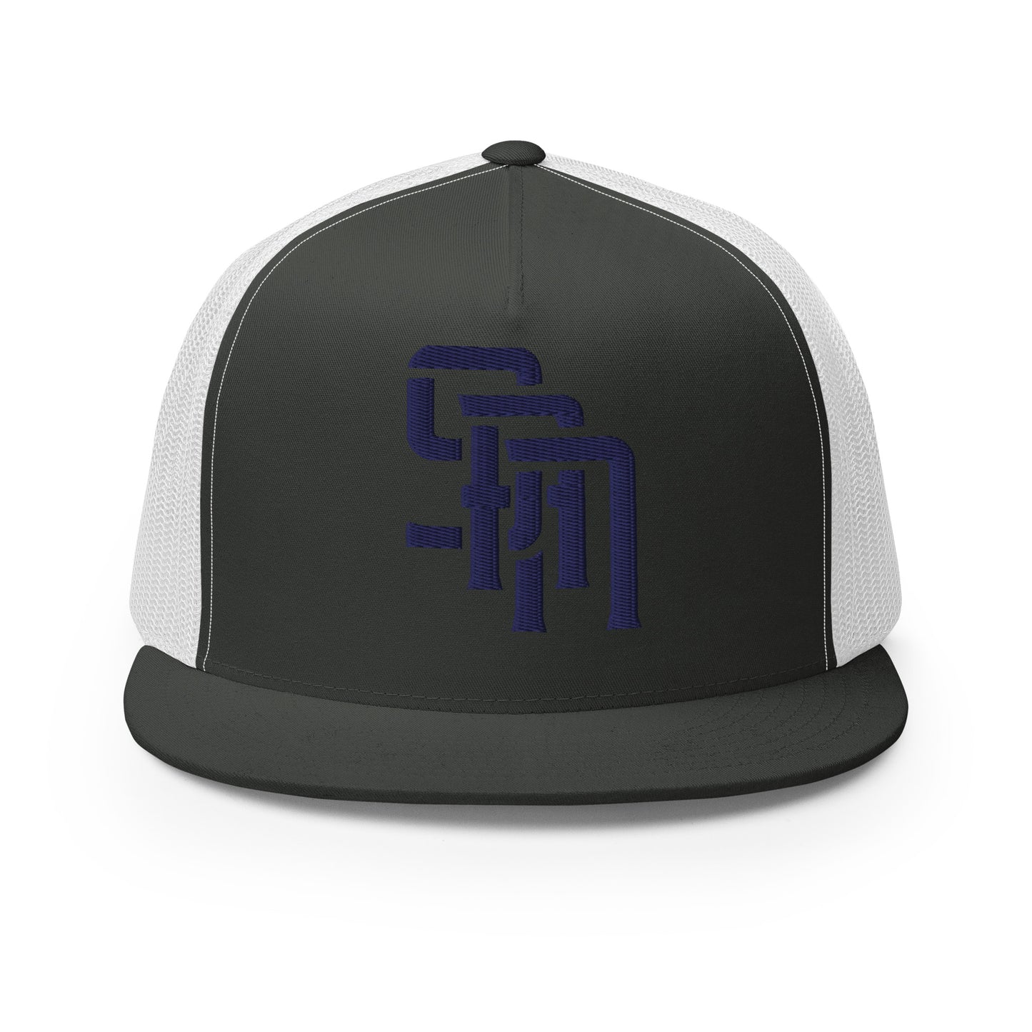 "SAN" Five Panel Trucker Cap | Yupoong 6006 | E Luna Brand CLASSIC Solocrest 1 Navy Thread Front Logo