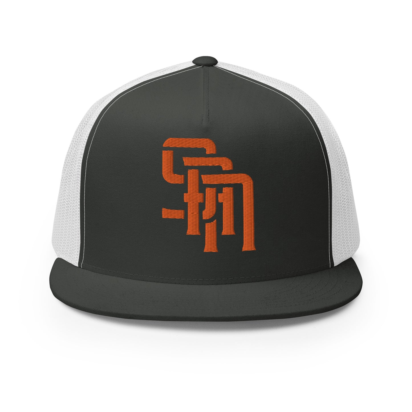 "SAN" Five Panel Trucker Cap | Yupoong 6006 | E Luna Brand CLASSIC Solocrest 1 Orange Thread Front Logo