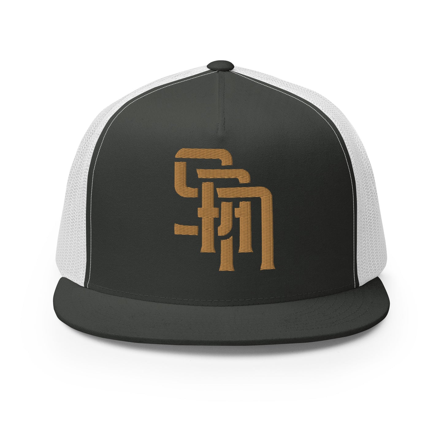 "SAN" Five Panel Trucker Cap | Yupoong 6006 | E Luna Brand CLASSIC Solocrest 1 Old Gold Thread Front Logo