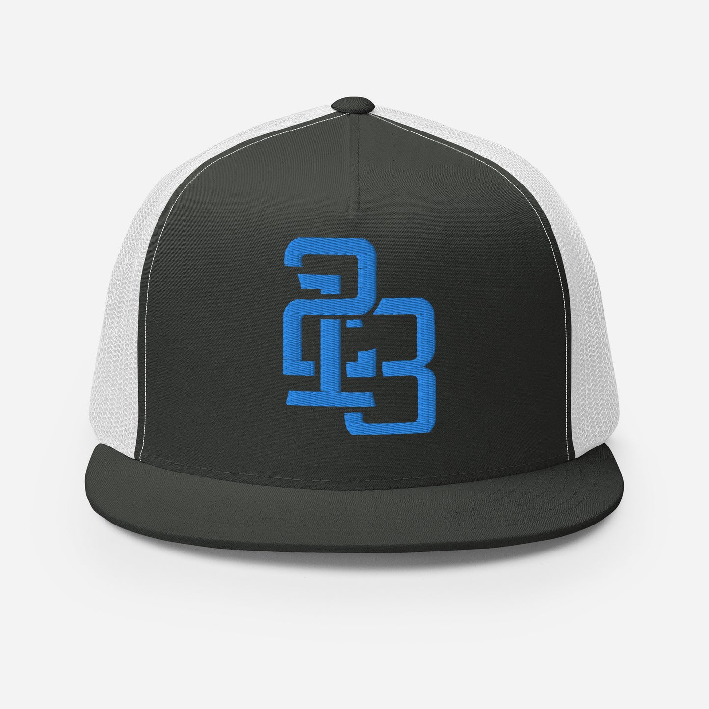 "213" Five Panel Trucker Cap | Yupoong 6006 | E Luna CLASSIC Solocrest 1 Aqua/Teal Thread Front Logo