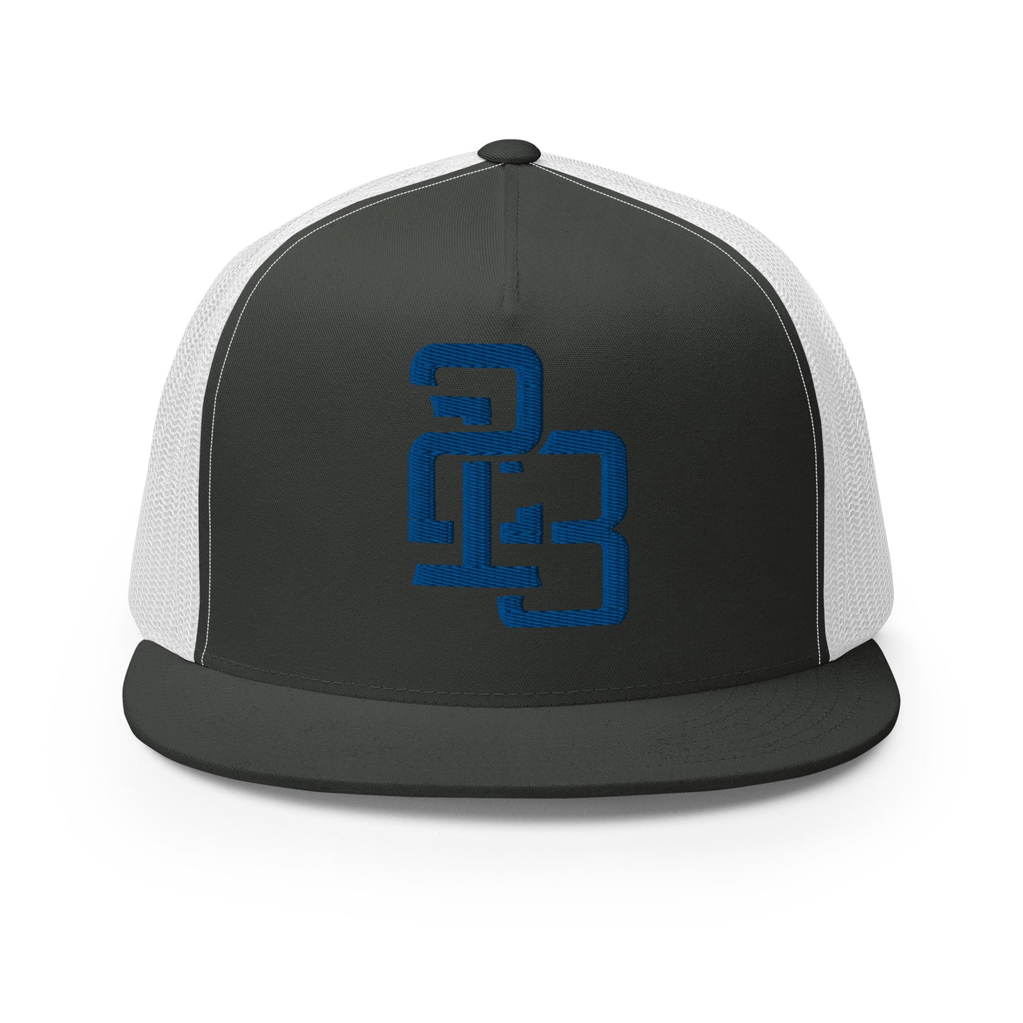 "213" Five Panel Trucker Cap | Yupoong 6006 | E Luna CLASSIC Solocrest 1 Royal Thread Front Logo