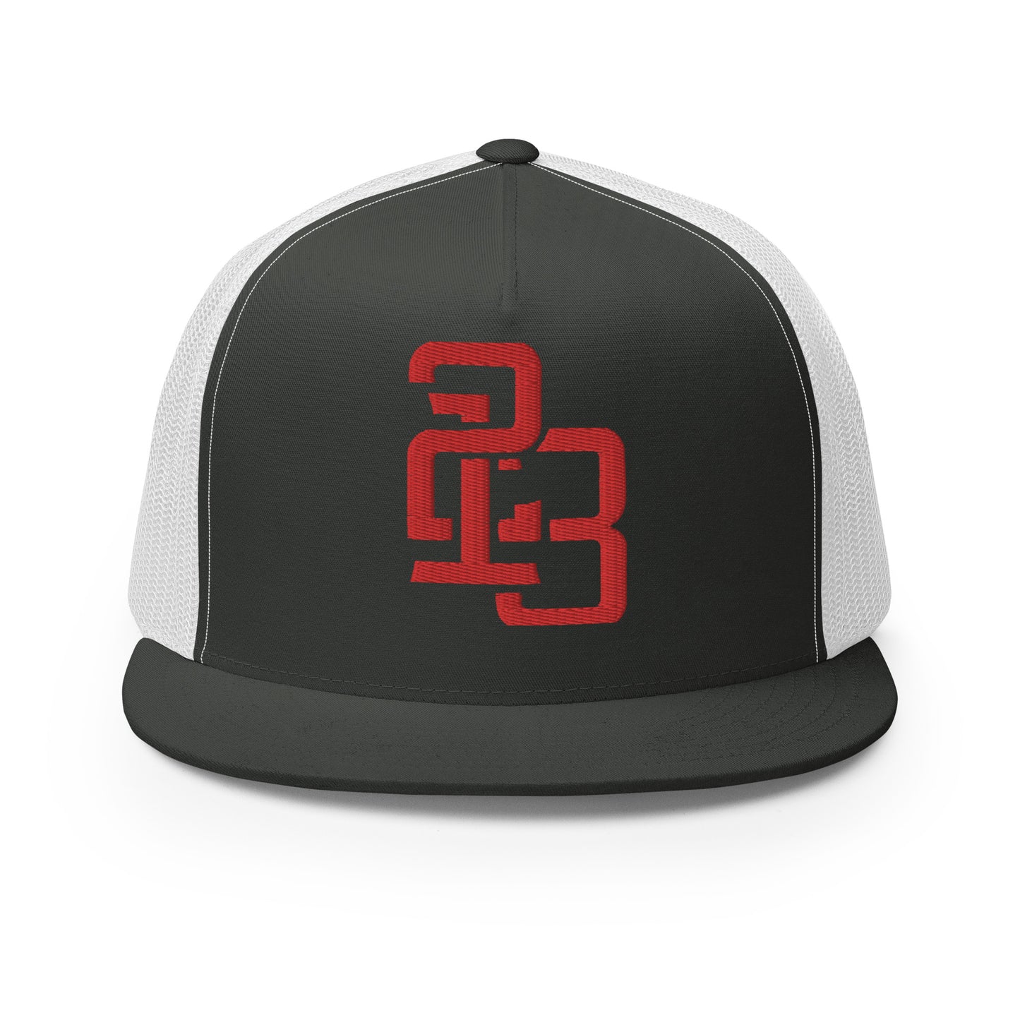 "213" Five Panel Trucker Cap | Yupoong 6006 | E Luna CLASSIC Solocrest 1 RedThread Front Logo