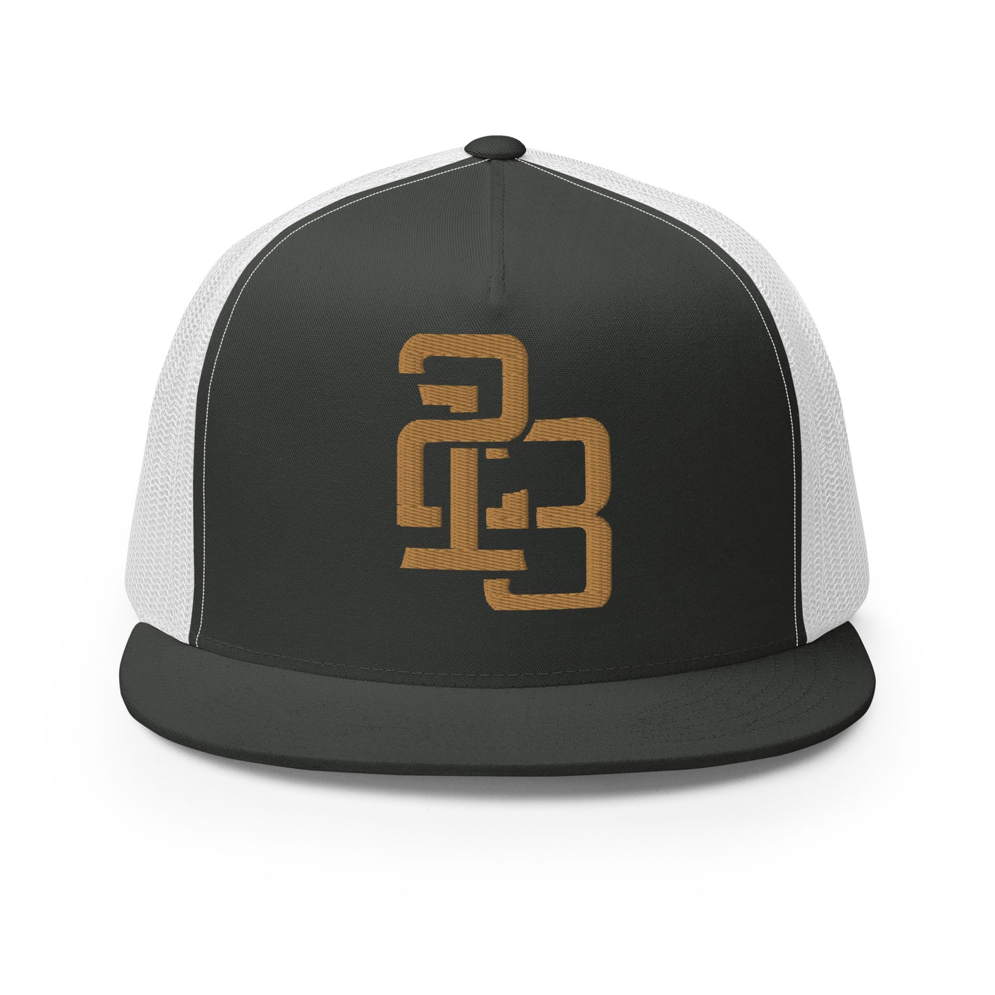 "213" Five Panel Trucker Cap | Yupoong 6006 | E Luna CLASSIC Solocrest 1 Old Gold Thread Front Logo