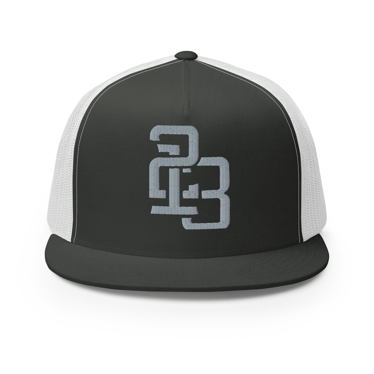 "213" Five Panel Trucker Cap | Yupoong 6006 | E Luna CLASSIC Solocrest 1 Grey Thread Front Logo
