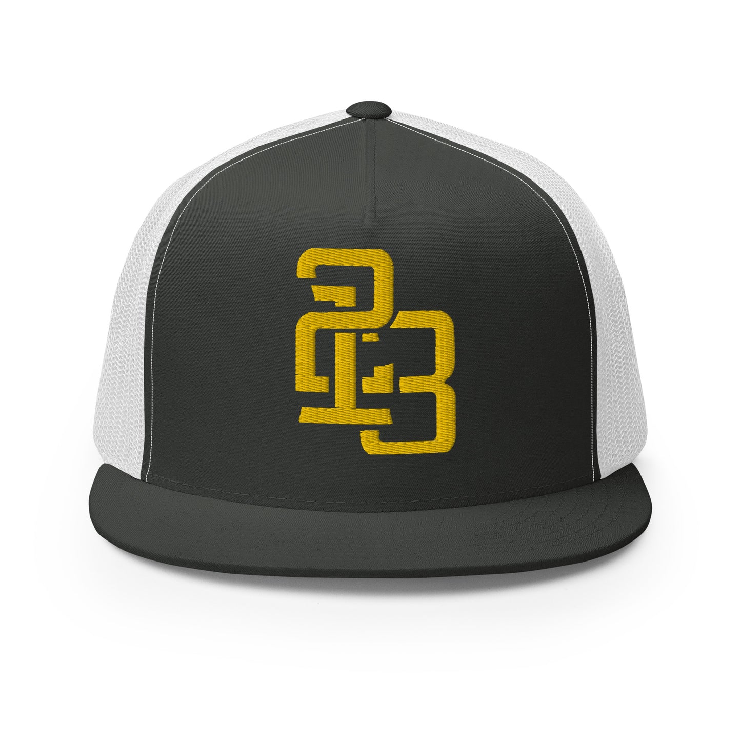 "213" Five Panel Trucker Cap | Yupoong 6006 | E Luna CLASSIC Solocrest 1 Gold Thread Front Logo