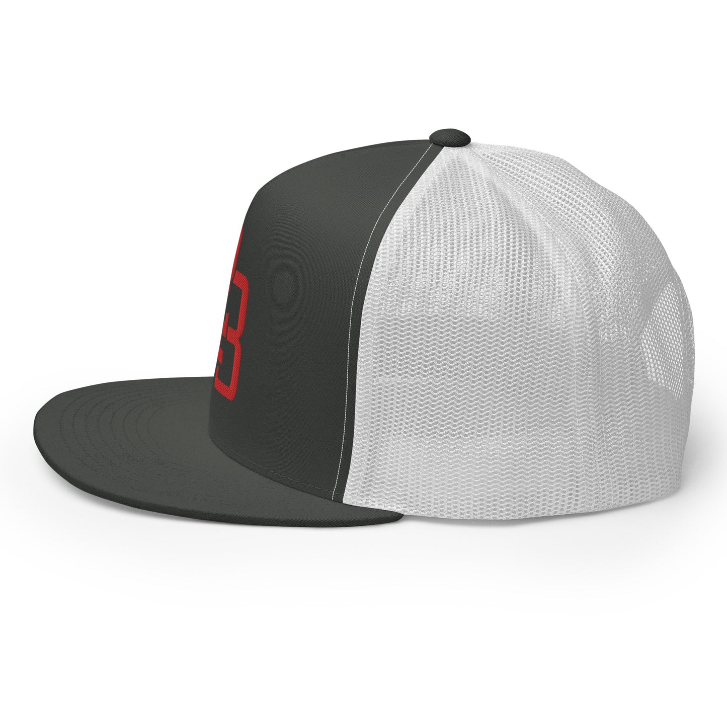 "213" Five Panel Trucker Cap | Yupoong 6006 | E Luna CLASSIC Solocrest 1 RedThread Front Logo