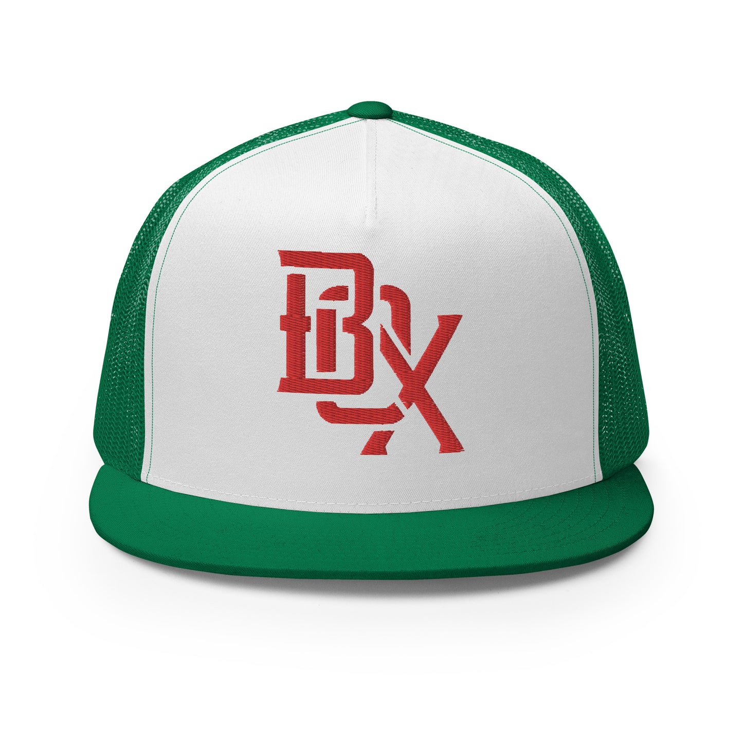 "BOX" Five Panel Trucker Cap | Yupoong 6006 | E Luna CLASSIC Solocrest 1 Red Thread Front Logo