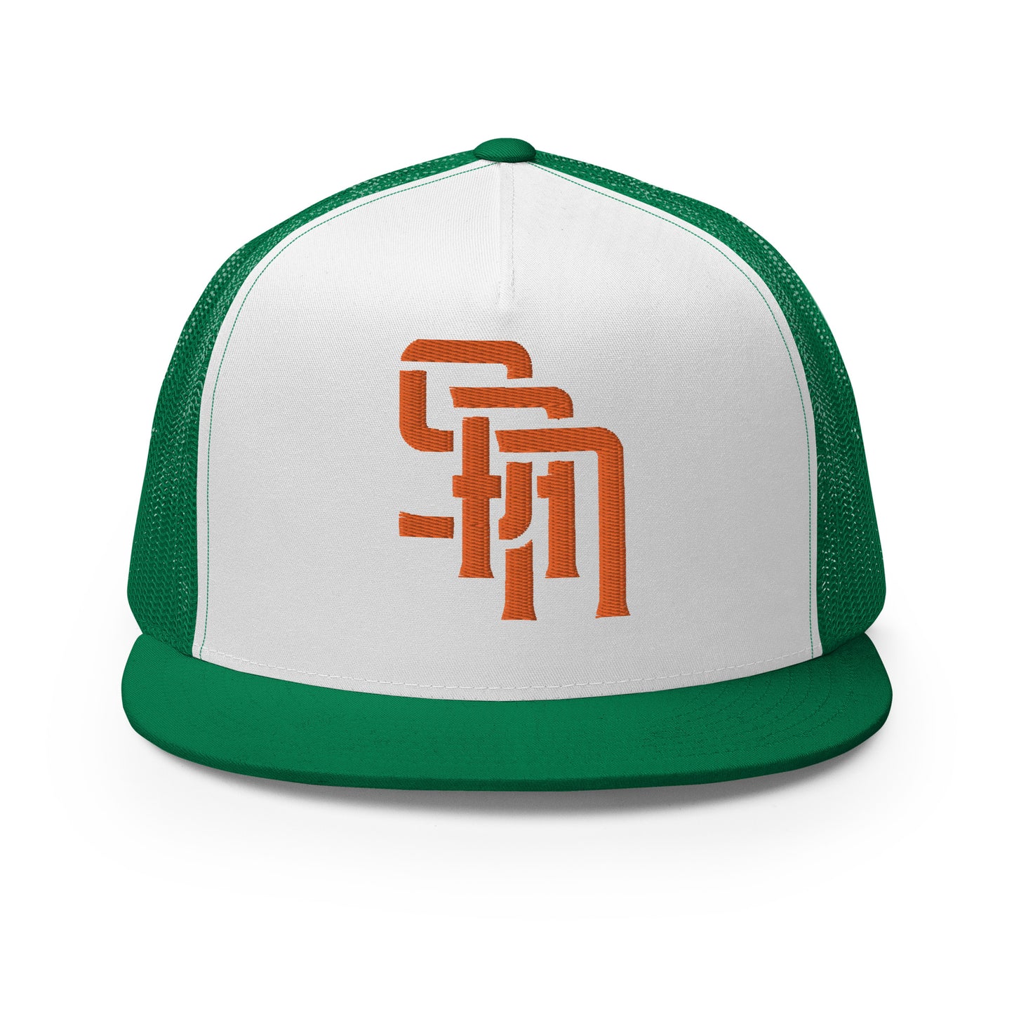 "SAN" Five Panel Trucker Cap | Yupoong 6006 | E Luna Brand CLASSIC Solocrest 1 Orange Thread Front Logo